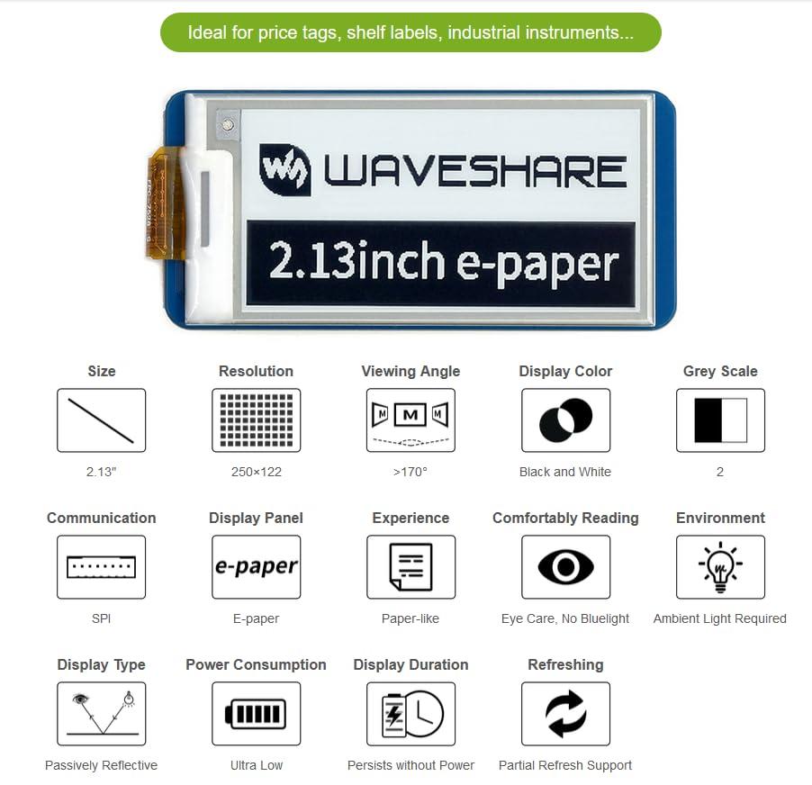 waveshare waveshare 2.13inch E-Paper Display Module for Raspberry Pi Pico, 250x122 Pixe E-Ink Screen, Black White Two-Color SPI Interface Paper-Like Effect, Support Partial Refresh