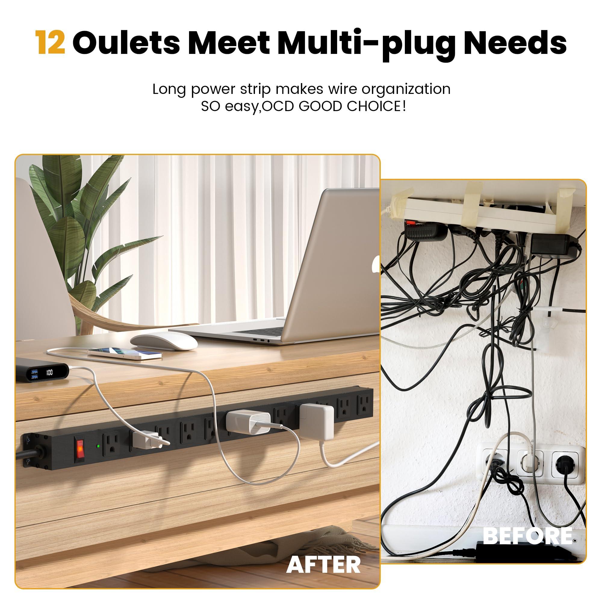 CFMASTER 12 Outlet Long Power Strip Surge Protector with 2100 Joules, 3FT Power Cord, Wide Spaced Outlet Power Bar, Overload Protection Switch, Industrial Heavy Duty for Work Bench, Shop, Garage (Black)