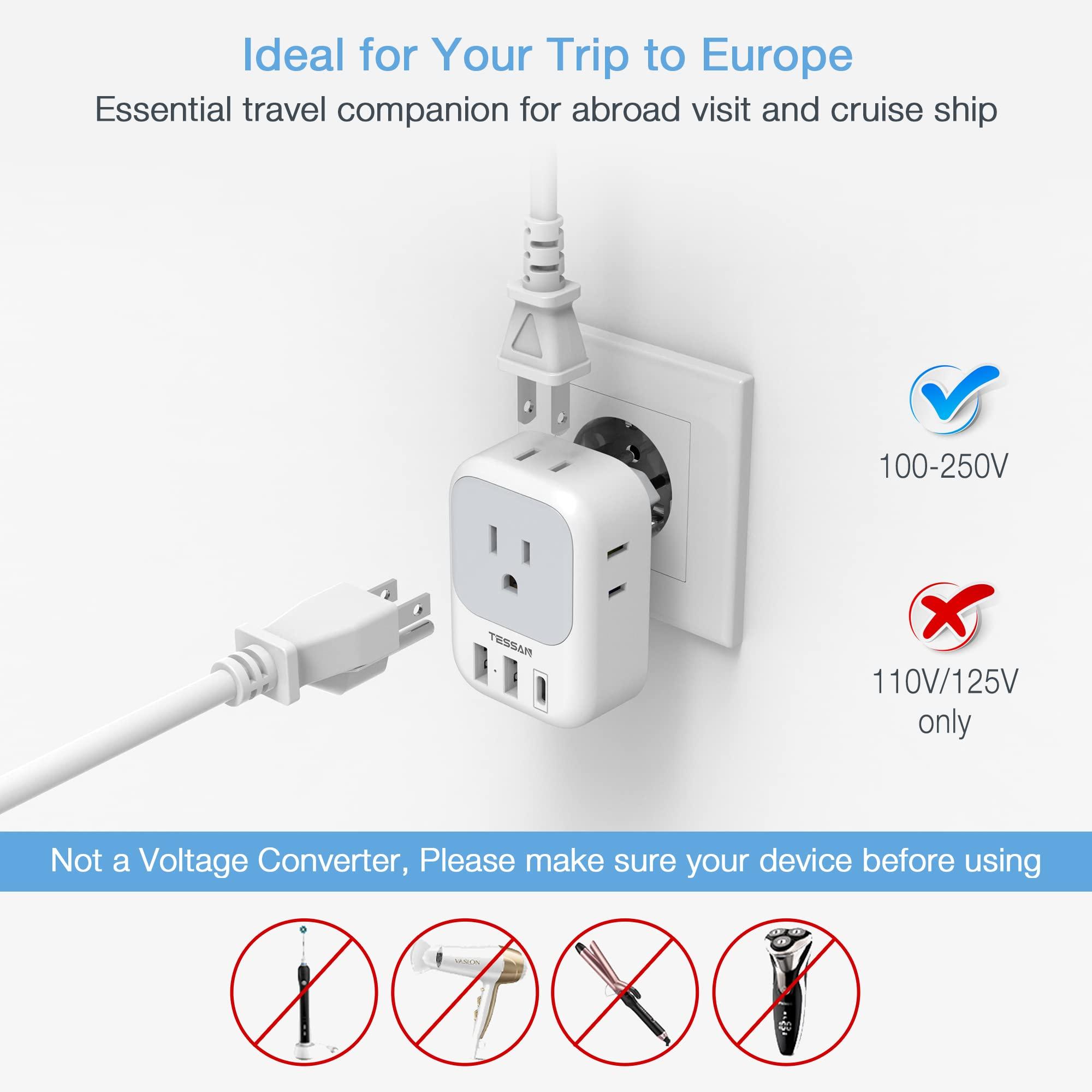 TESSAN TESSAN European Travel Plug Adapter USB C, Type C Power Adaptor with 4 AC Outlets for USA to EU Italy Iceland Spain France Greece Germany