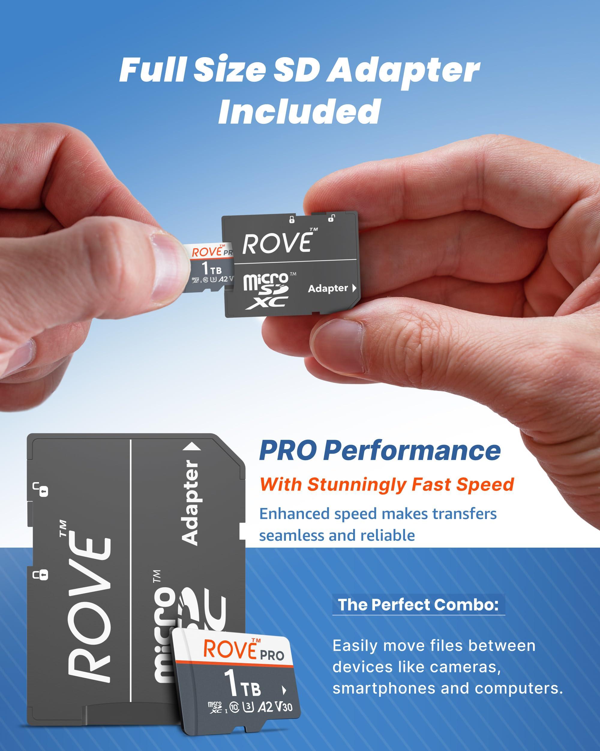 ROVE ROVE PRO 1TB Micro SD Card microSDXC Memory Card with Full-Size SD Adapter 100MB/s Read Speed, C10, U3, V30, 4K, A2 for R2-4K Dual Dash Cam, Android Smart Phones, Tablets, Games