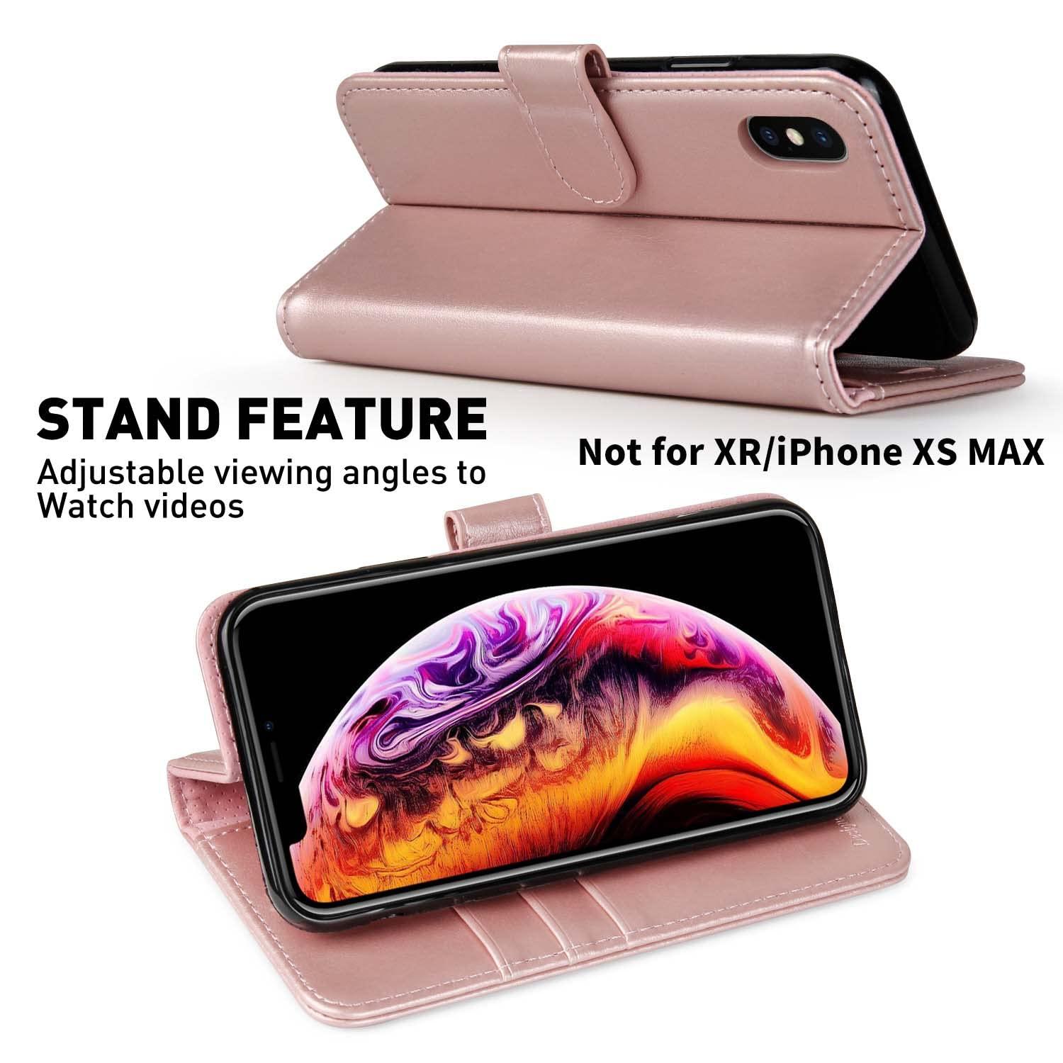 MONASAY MONASAY Wallet Case Compatible for iPhone X/iPhone Xs, 5.8-inch, [Glass Screen Protector Included] [RFID Blocking] Flip Folio Leather Cell Phone Cover with Credit Card Holder,Rosegold