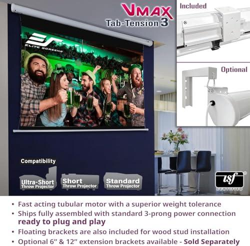 Elite Screens Elite Screens VMAX Tab Tension 3 Series, 135-INCH Electric Motorized Projector Screen Movie Home Theater Gaming, VMAXT135XWH3