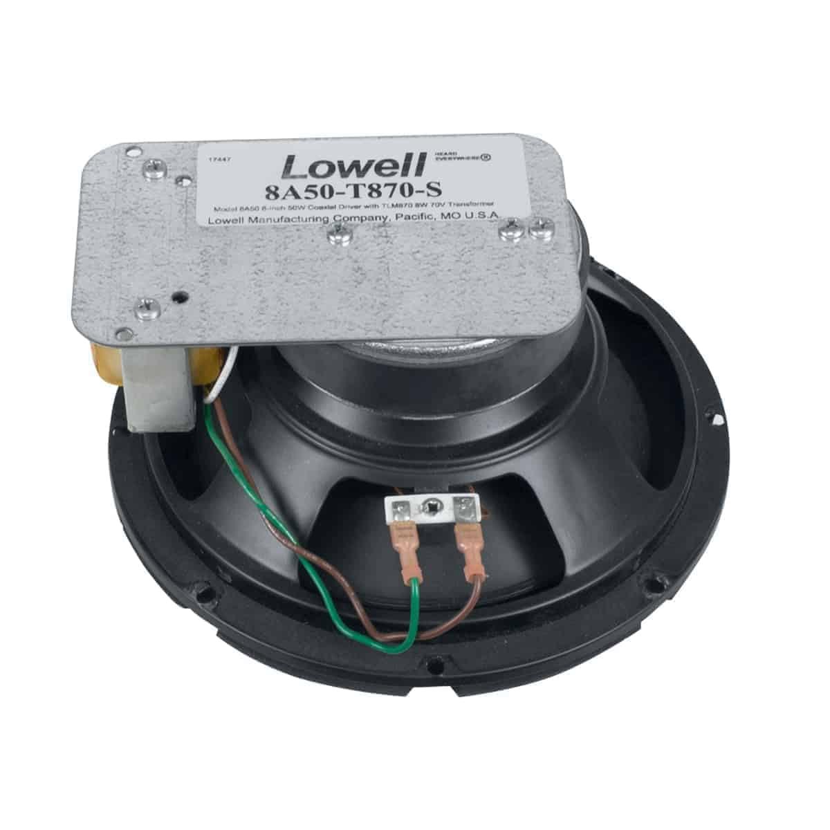 Lowell Lowell 8A50-T870-S 8-Inch Coaxial Speaker with 70V 8W Transformer, Shallow Mount; 8-Inch 50W Coaxial Driver; 4.10 Inches Mounting Depth; 90.6 dB Sensitivity; 90 Degree Conical Dispersion Angle