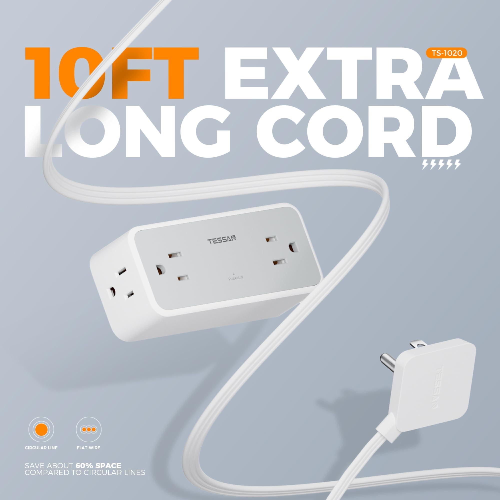 TESSAN Surge Protector Power Strip, TESSAN Flat Plug Extension Cord 10 FT with 4 Wide Spaced AC Outlets, 900J Protection, Wall Mountable Charging Station for Home Office School Dorm Room Essentials