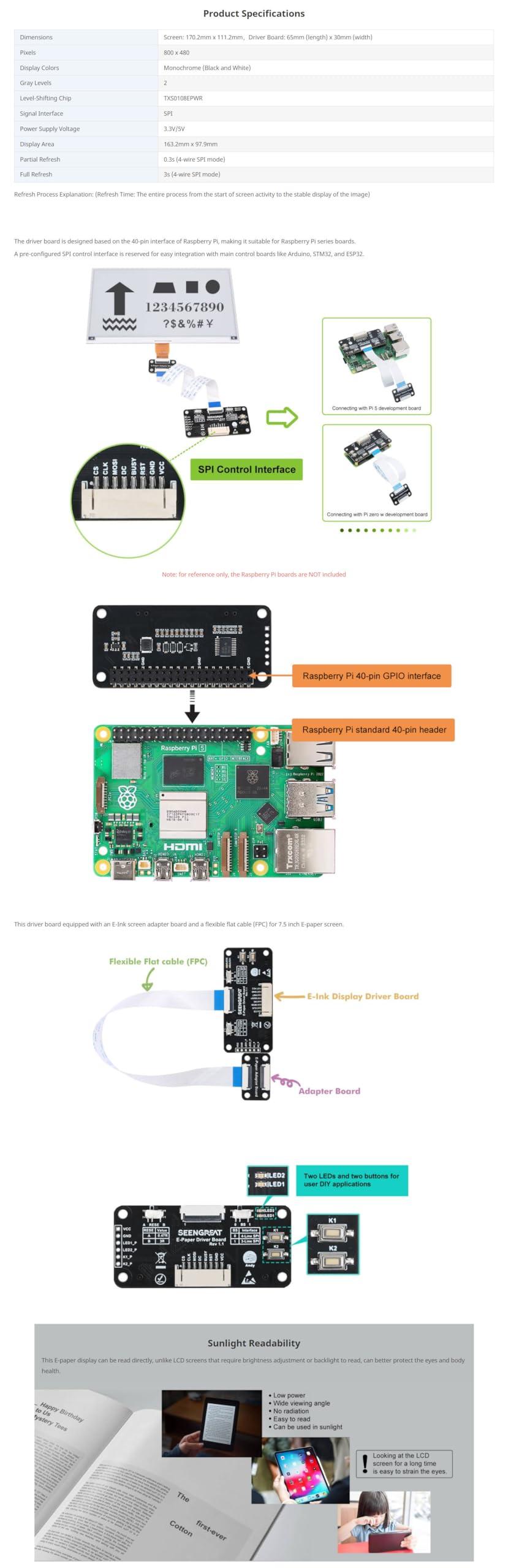 xicoolee 7.5inch E-Ink Display HAT for Raspberry Pi/Jetson Nano Also Fits Arduino/Nucleo 800x480 Pixel Black/White Two-Color SPI Interface E-Paper Screen Panel