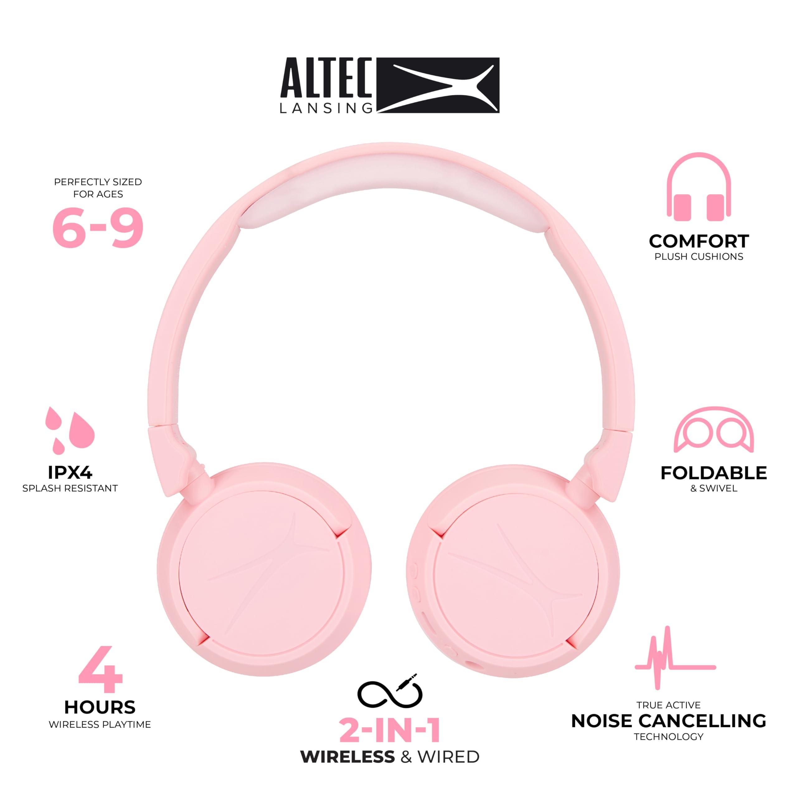 Altec Lansing Altec Lansing Kid Safe 2-in-1 Bluetooth and Wired Headphones, Noise Cancelling, Volume Control, Wireless, Foldable Design (Pink)