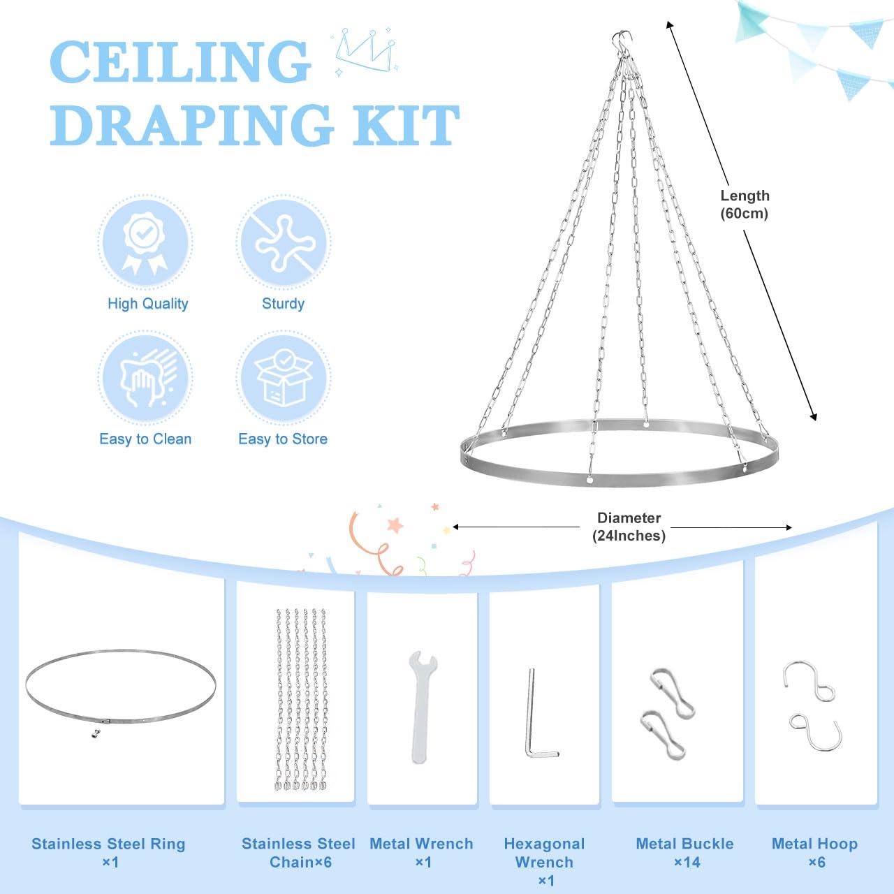 FUHSY FUHSY Ceiling Drapes Hanging Kit Silver Metal Wedding Ceiling Drapes Hoop Chiffon Draping Kit Hanging Ring Canopy Drape for Weddings Ceremony Reception Decoration Outdoor Indoor