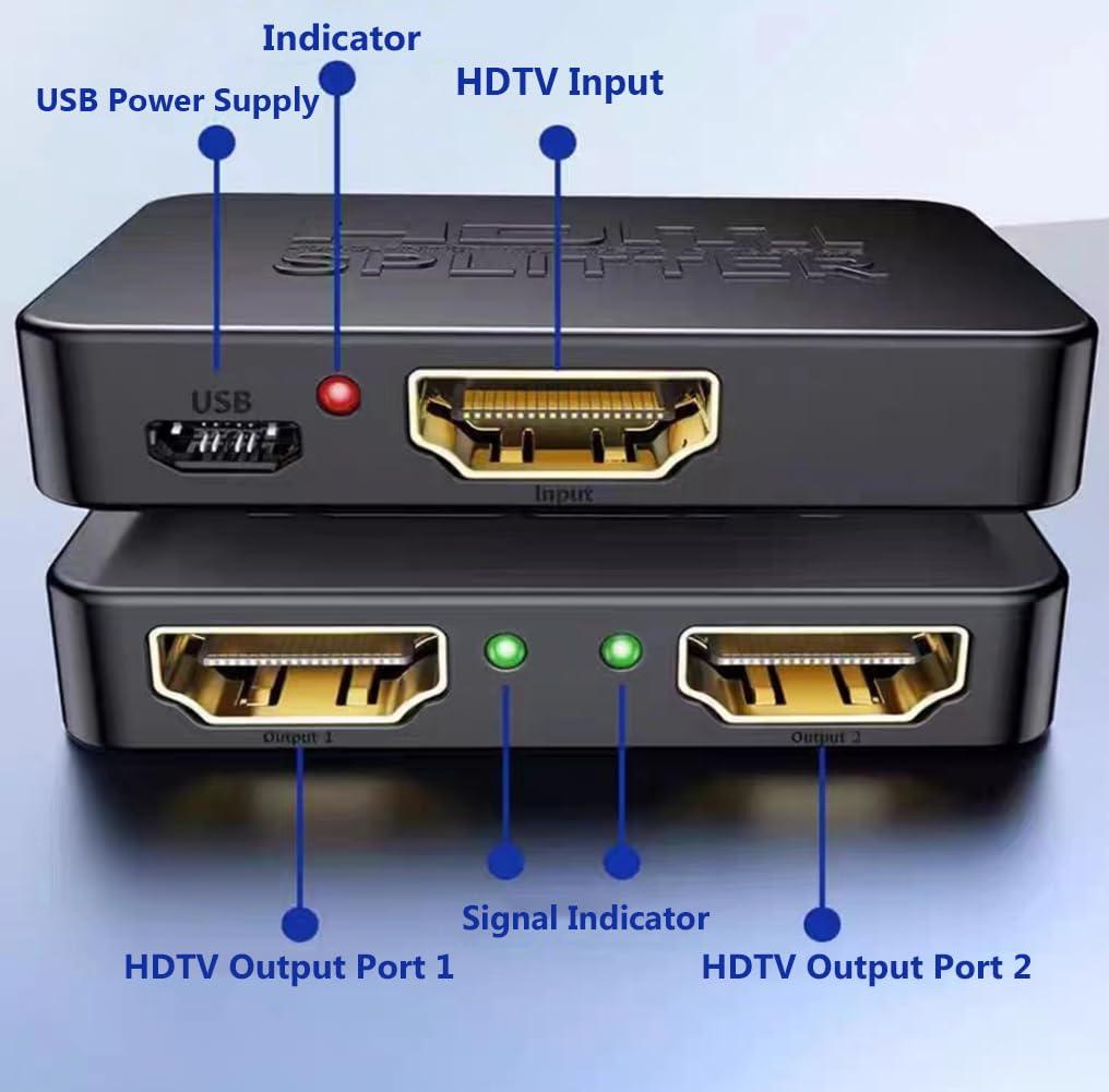 HRIOEKAX HRIOEKAX 4K HDMI Splitter 1 to 2 HDMI Adapter, HDMI Male to Dual HDMI Female Splitter Support Two TVs at The Same Time, for HDTV 3D LED LCD etc, HDMI 1 in 2 Out 1080P@60HZ Splitter