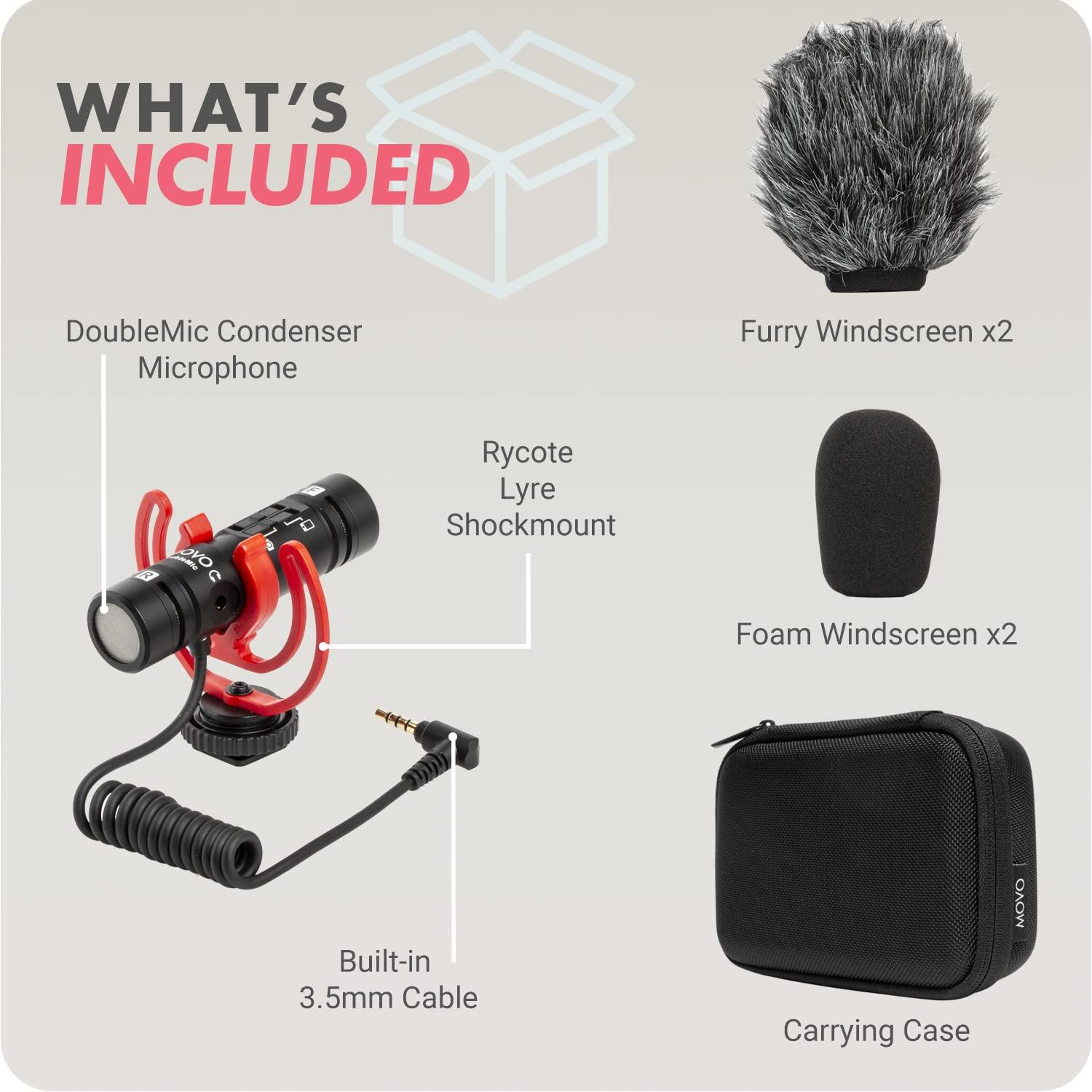 Movo Movo DoubleMic V2 Two-Sided Shotgun Mic for Camera Vlogging - Dual Capsule External Microphone for iPhone, Android, Smartphones and DSLR Camcorders - Improved Wind Protection - Latest Version