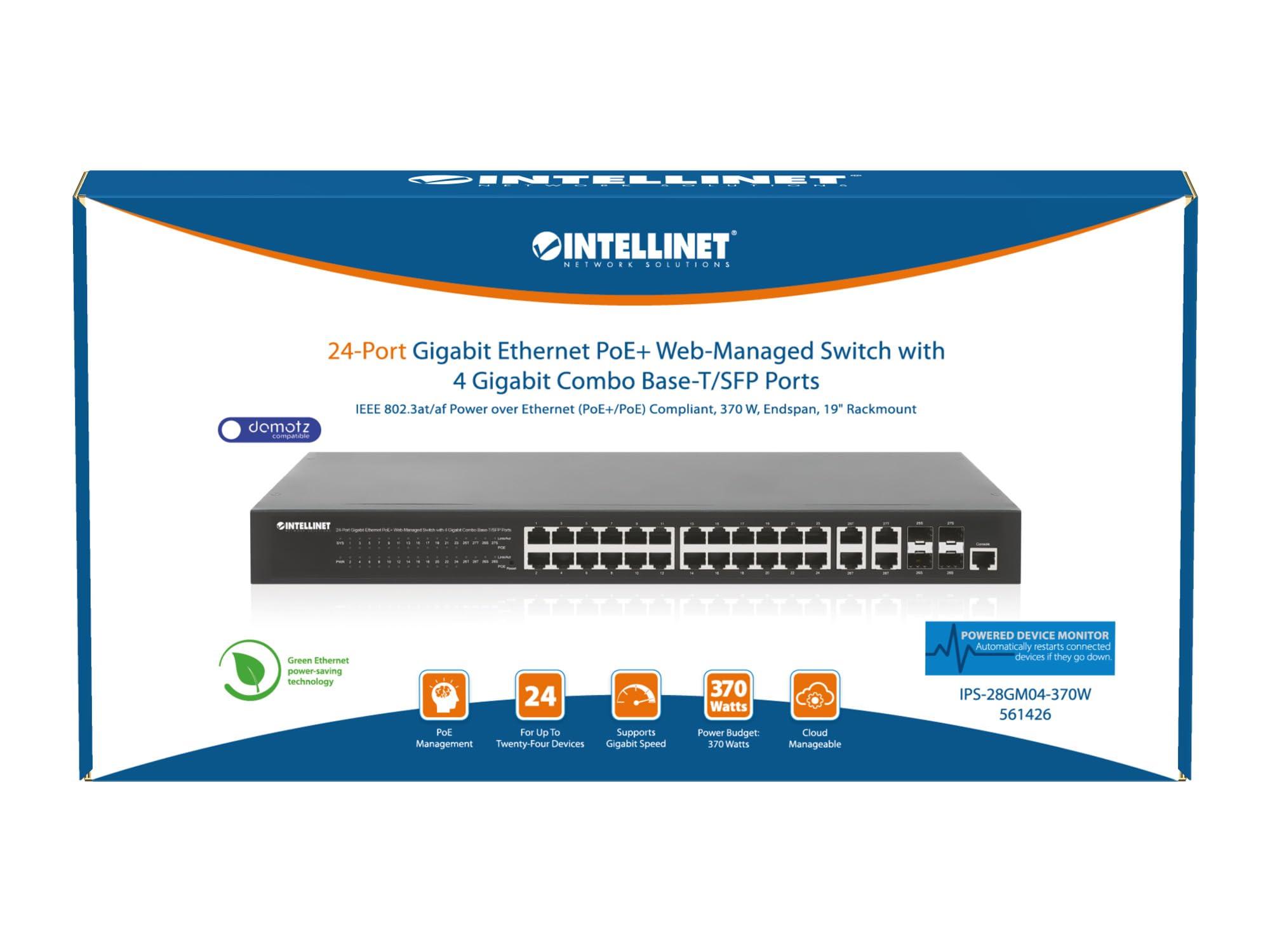 Intellinet Intellinet 24-Port Gigabit Ethernet PoE+ Web-Managed Switch with 4 Gigabit Combo Base-T/SFP Ports, 370W, Endspan, 19" Rackmount - 561426