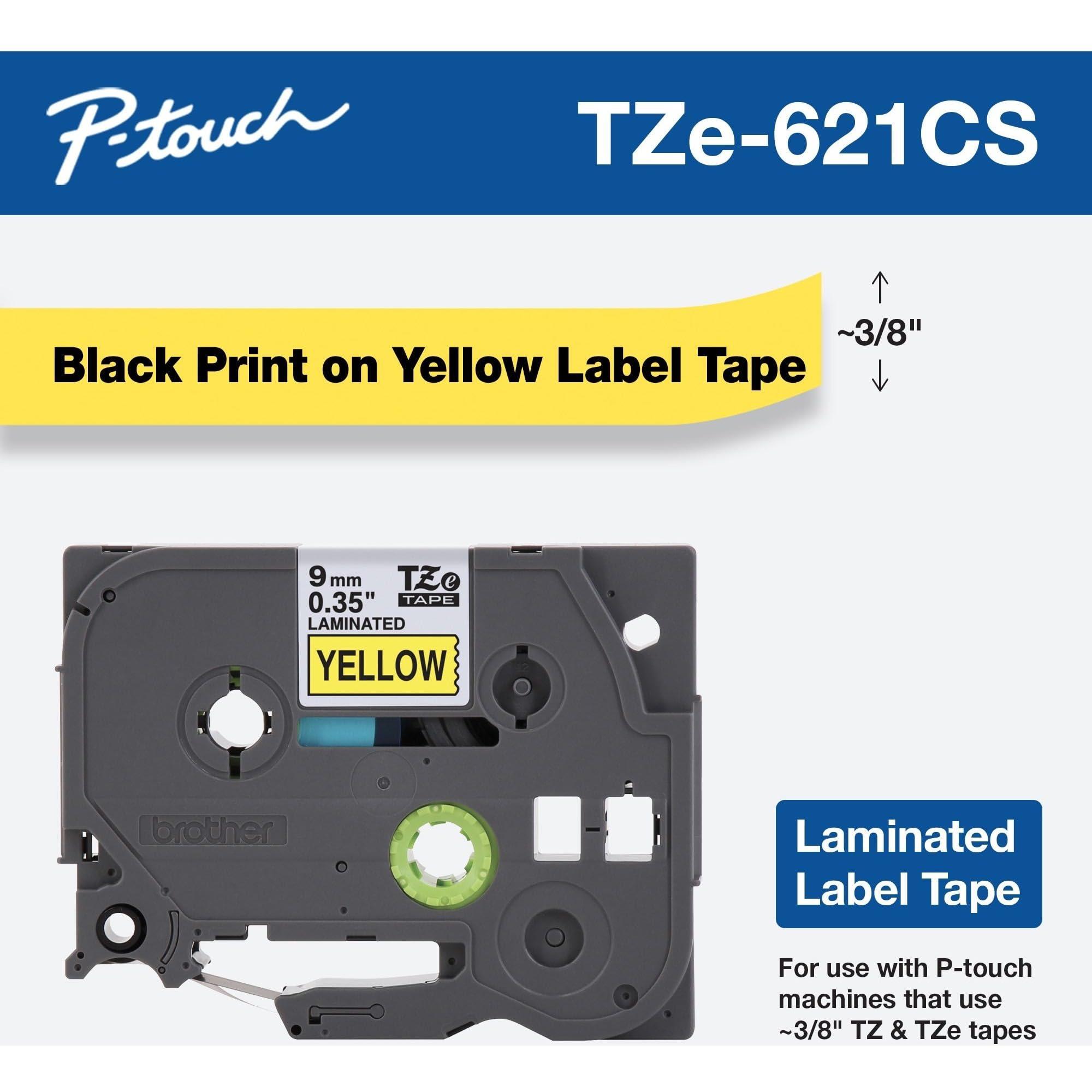 Brother Brother Genuine P-touch, TZe-621CS, 0.35 x 26.2, Black on Yellow Laminated Label Tape