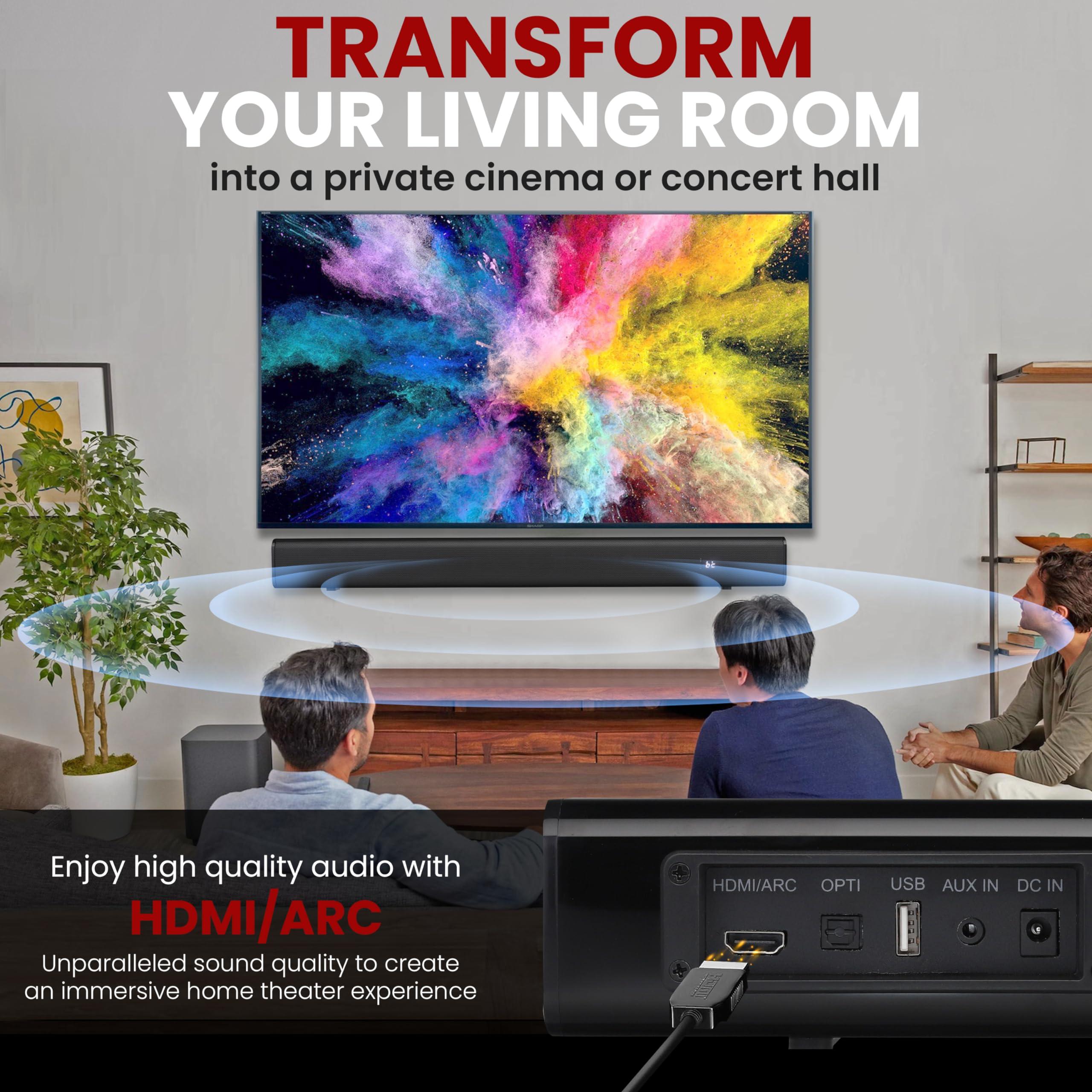 Pyle Pyle Home Theater Soundbar Speaker - Wave Base Streaming Tabletop Stand Mount TV Digital System with AUX/Digital Optical Audio Connector Jacks/USB Port, HDMI /ARC, Full Sound Reproduction