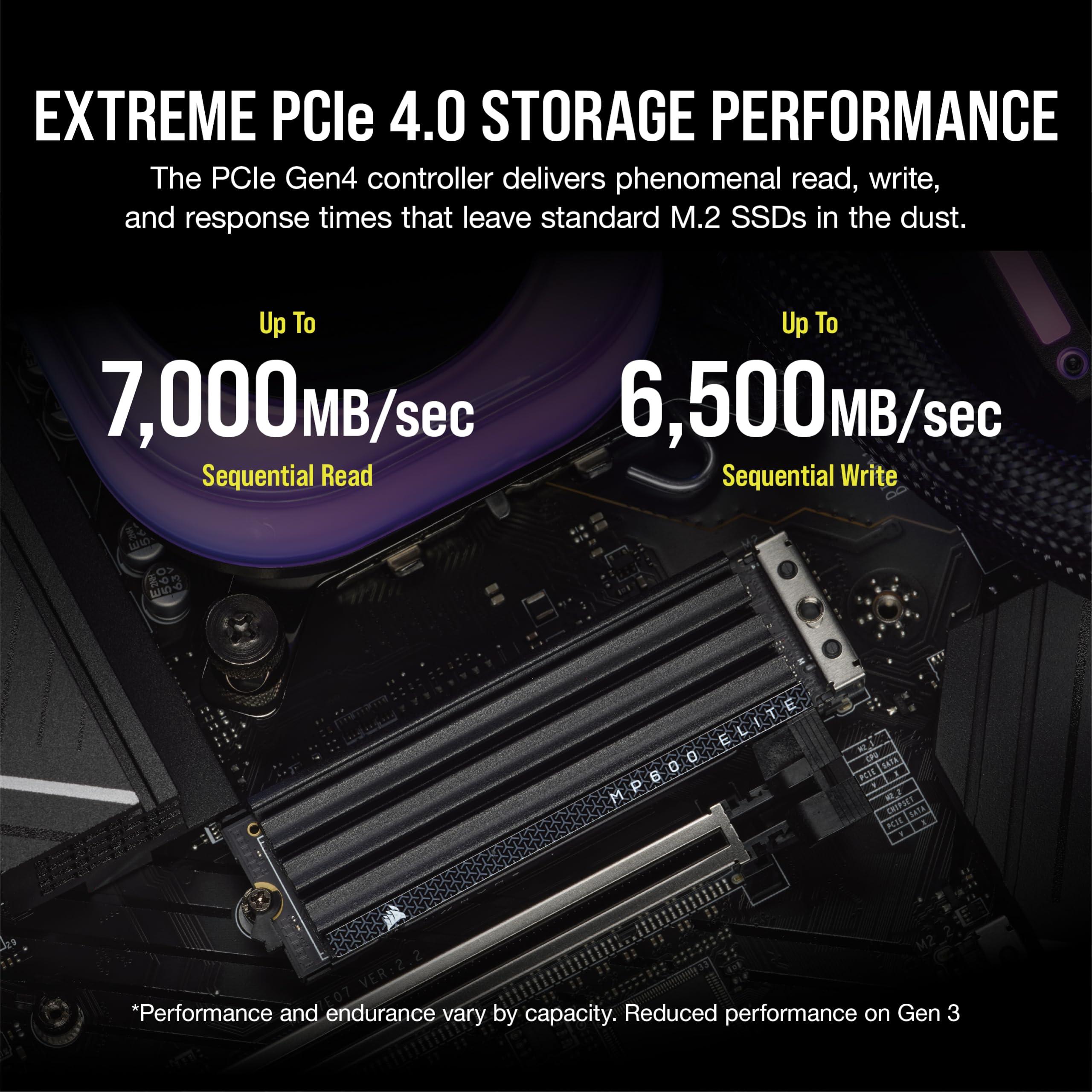 Corsair Corsair MP600 Elite 1TB M.2 PCIe Gen4 x4 NVMe SSD with Included Heatsink M.2 2280 Up to 7,000MB/sec Sequential Read High-Density 3D TLC NAND Black