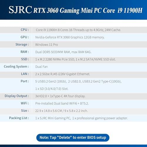 SJRC SJRC Gaming Mini PC Computer RTX 3060 12GB Graphics, Core i9 11900H 8 Cores 16 Threads, DDR5 64GB RAM 2TB SSD Windows 11 Pro Small Office Desktop Dual Fan, 4 Display, i9-11900H-RTX3060