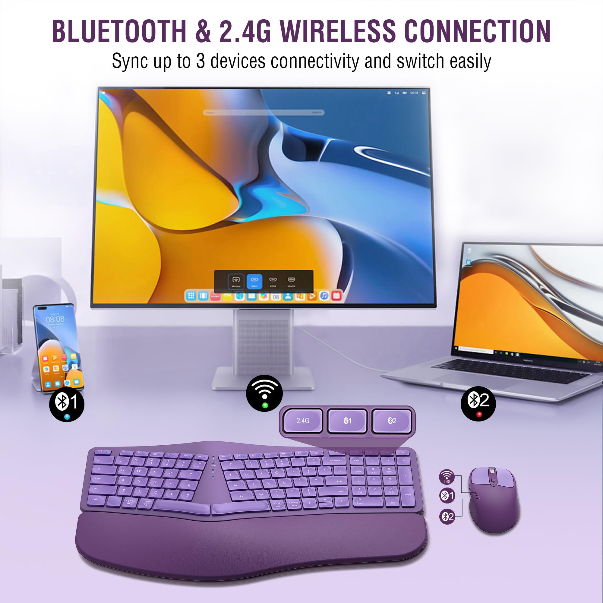 EDJO Ergonomic Wireless Keyboard Mouse Combo, EDJO Bluetooth/2.4G Dual Channel, Split Design, Soft Foam Palm Rest, 4 Level DPI Adjustable Wireless Mouse, Rechargeable, for Windows/Mac/Android(Purple)
