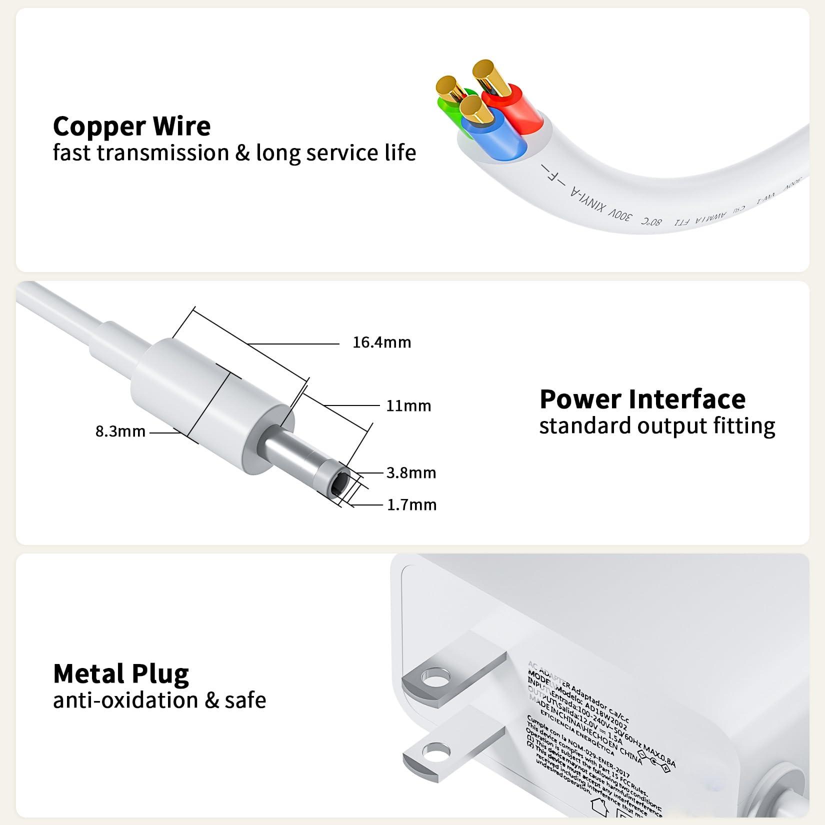 BolAAzuL 15W Power Cord Replacement for Amazon Echo Dot 3rd/4th Gen, Echo Dot 3rd/4th Kids Edition, Echo Show 5 and Lenovo Smart Clock Essential CD-4N341Y CD-4N342Y, 12V 1.5A AC Power Adapter Supply, White