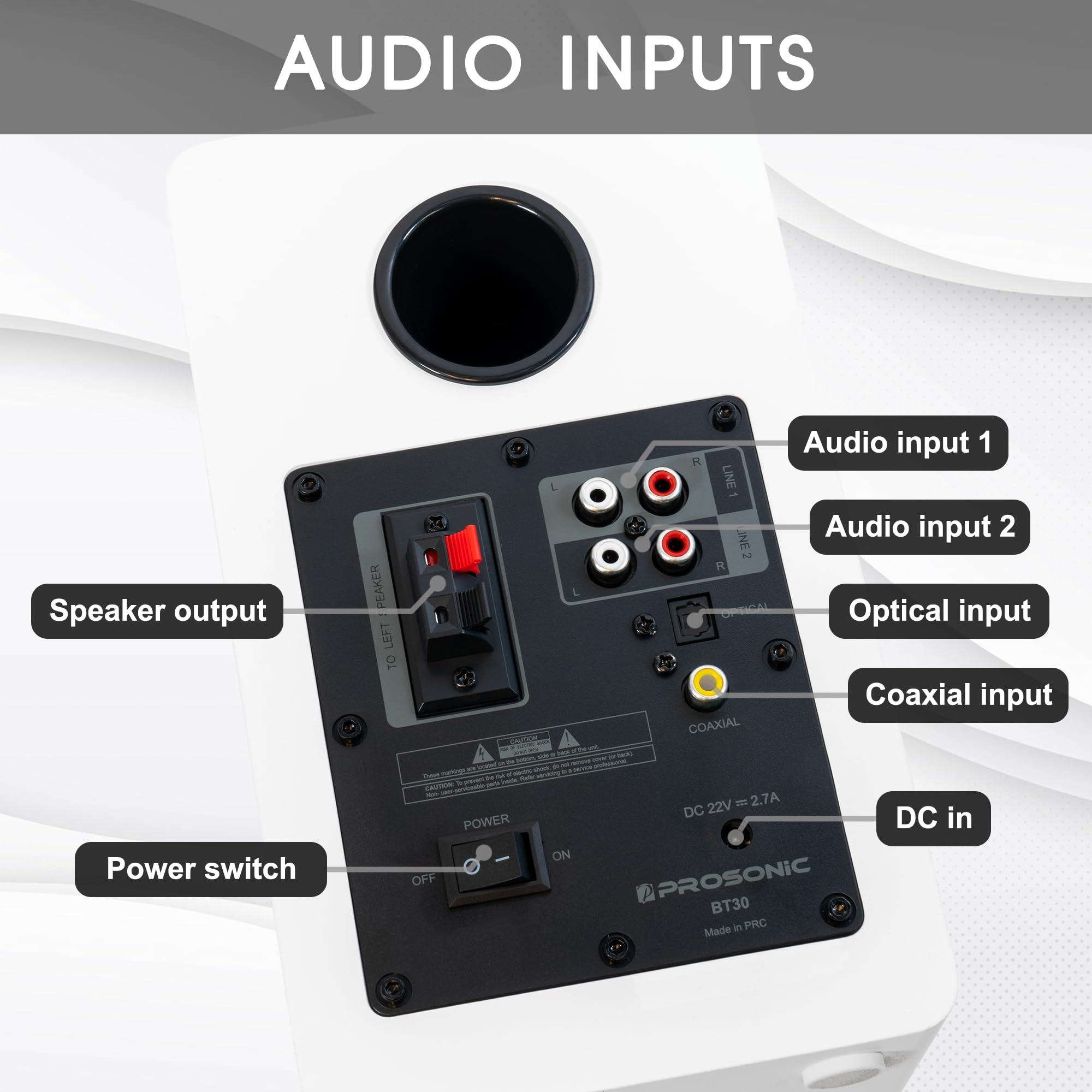 P Prosonic Prosonic BT30 Active Powered Bluetooth Bookshelf Speakers, Studio Monitor, Home Theater, Turntable, with Optical Input, Coaxial Input, 2X RCA Aux Line Input, 80 Watts, (White)