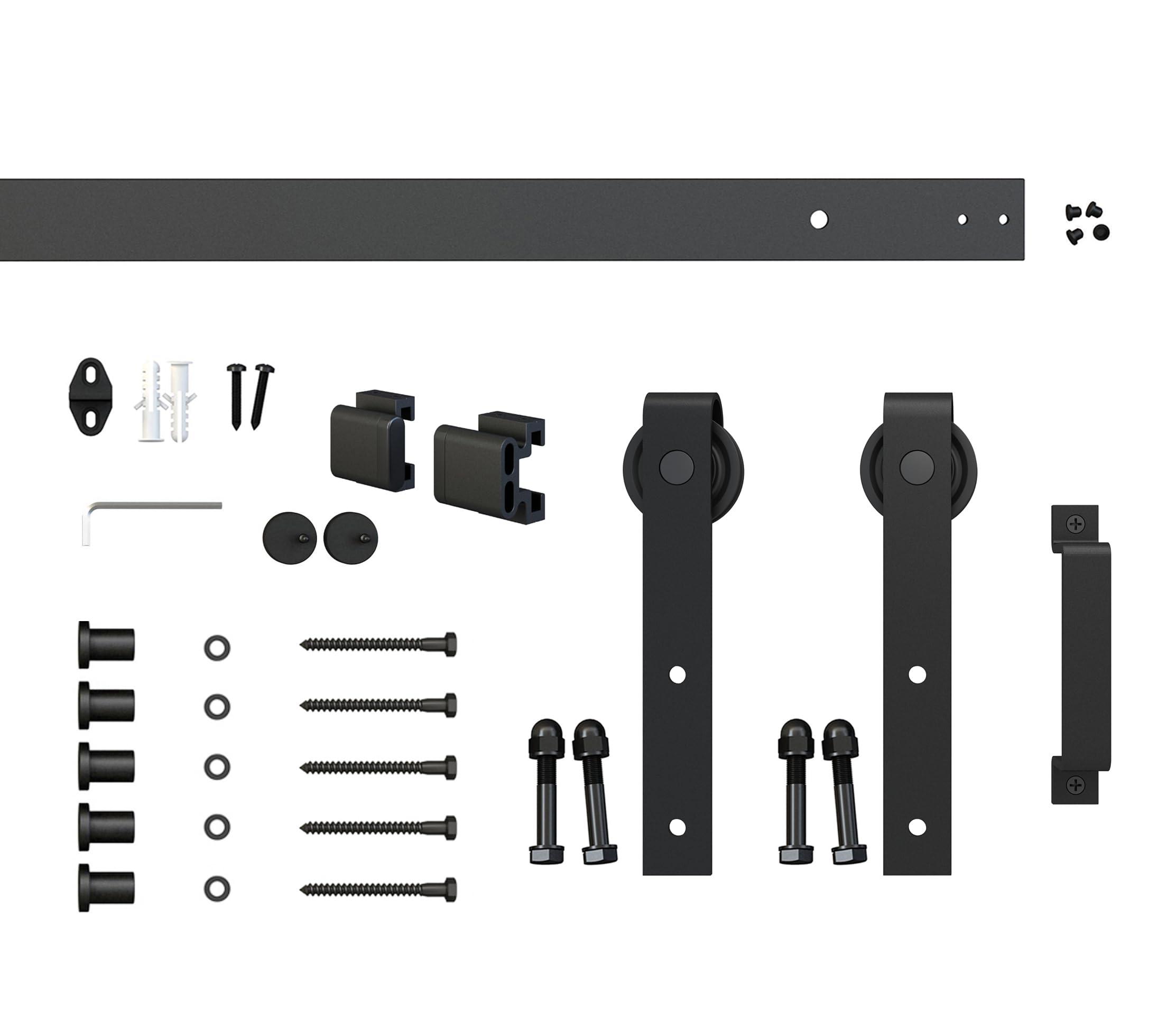 CALHOME Calhome 36 in. x 84 in. 5 Lite Pre Assembled Frosted Glass Black MDF Interior Sliding Barn Door with Hardware Kit Door Handle