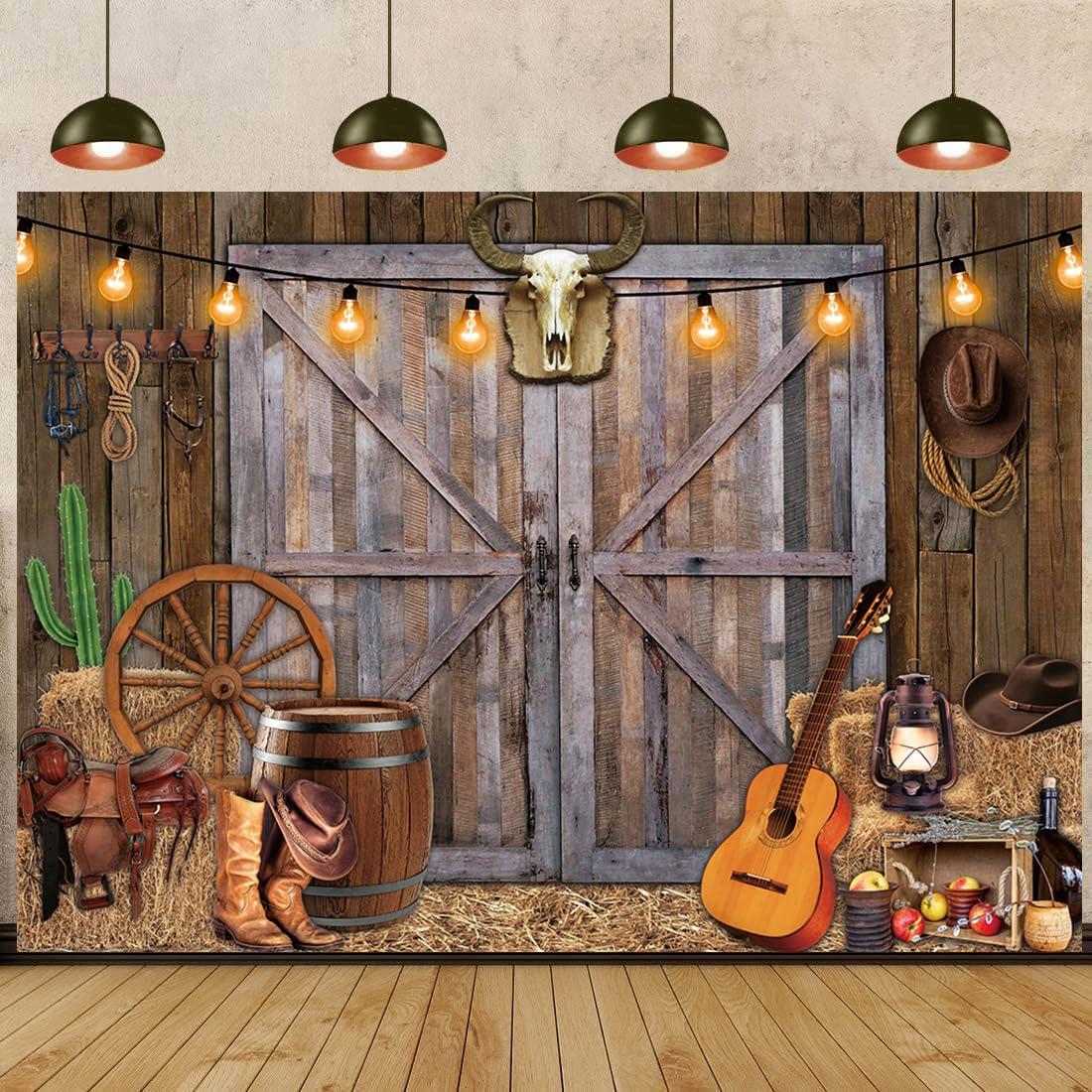 TENCOW Western Cowboy Backdrop 8x6FT Western Party Decorations Banner Wild West Rustic Wooden Barn House Photography Background for Cowboy Theme Party Decoration Banner Photo Booth (96x72 inch)