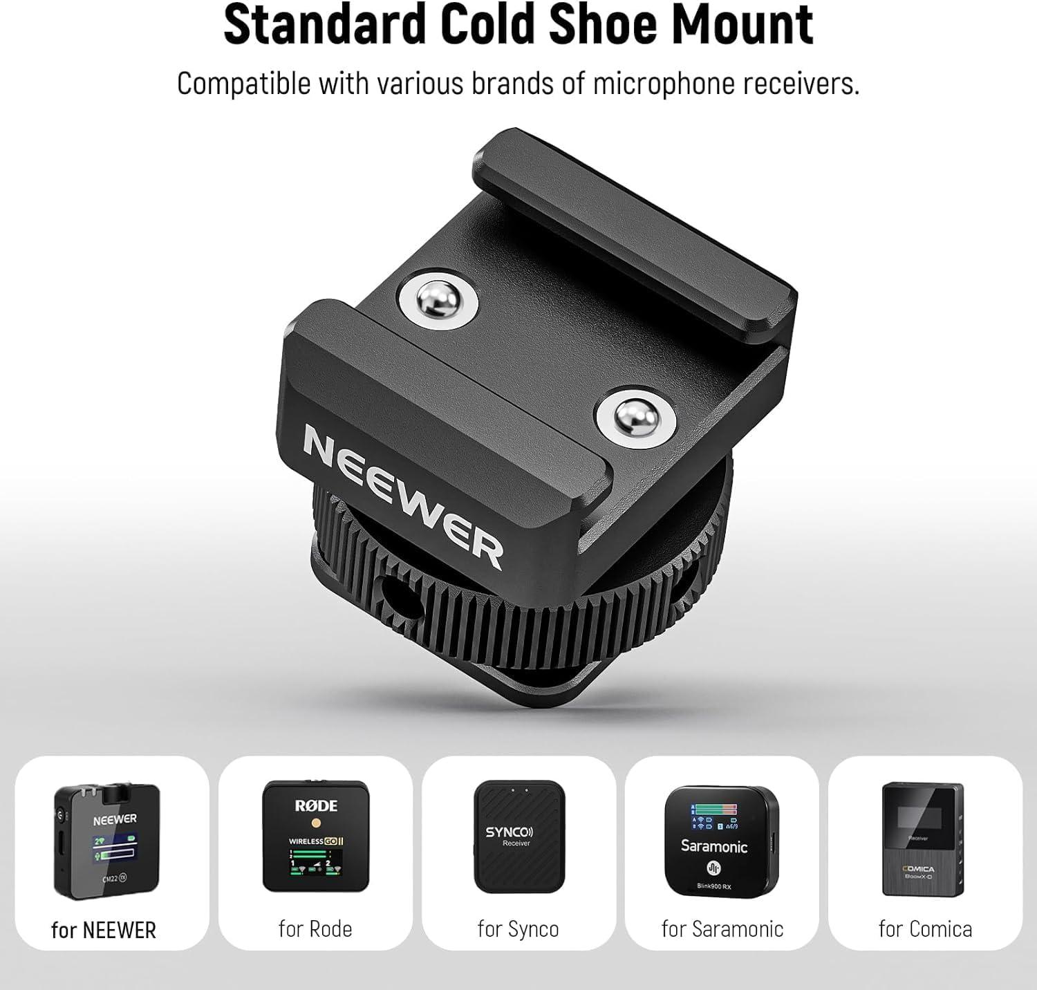 Neewer NEEWER 2PCS Cold Shoe Mount Adapter Compatible with DJI Hollyland Rode Wireless Lavalier Microphone Receiver, Anti Drop Mic Accessories with Retractable Pins, Metal Camera Cage Mount Adapter, UA030