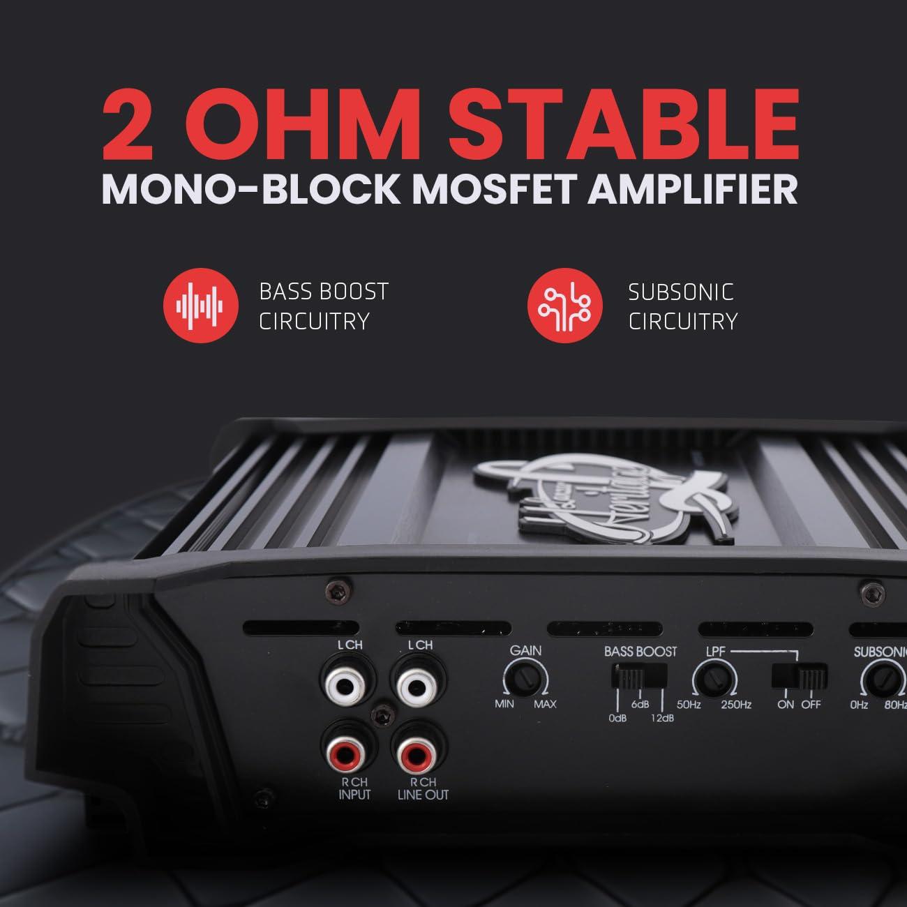 Lanzar Lanzar 2000W Monoblock Car Audio Amp - 2-Ohm Stable Mosfet Amplifier, Class AB, Electronic Crossover, Bass Boost, Subsonic Circuit, Chrome RCA Inputs, Line Output, 5-Way Protection - Soft Turn On/Off