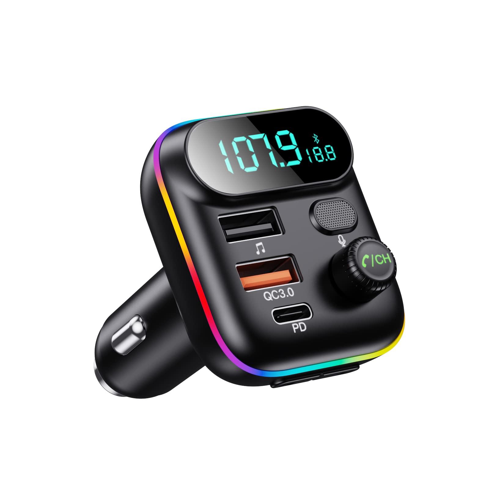 Sanxup Bluetooth Adapter for Car, Wireless FM Radio Transmitter, Wireless Bluetooth 5.0, MP3 Music Player, QC3.0 + PD 20W USB Car Charger, 7 Colors LED Backlit