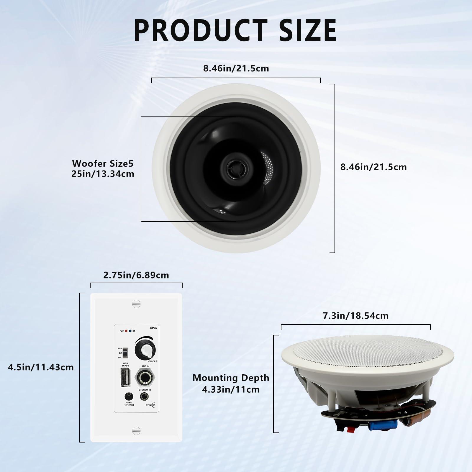 PNWCZ PNWCZ 6.5\'\' Bluetooth in Ceiling Speakers with Wall Amplifier Receiver 600W Flush Mount Ceiling & in-Wall Speaker System for Home Theater Office Bathroom Living Room Kitchen(2Pairs)