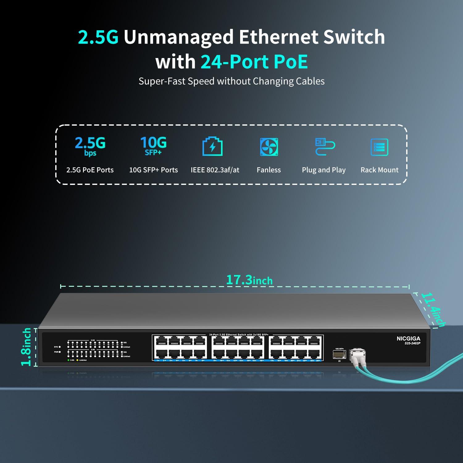 NICGIGA 24 Port 2.5G PoE Switch Unmanaged with 24 Port 2.5Gb Base-T PoE+@400W + 2 x 10G SFP+ Uplink, NICGIGA 26 Port 2.5Gbe IEEE802.3af/at Power Over Ethernet Switch, Support WiFi6 AP, NAS, 4K PoE Camera NVR.