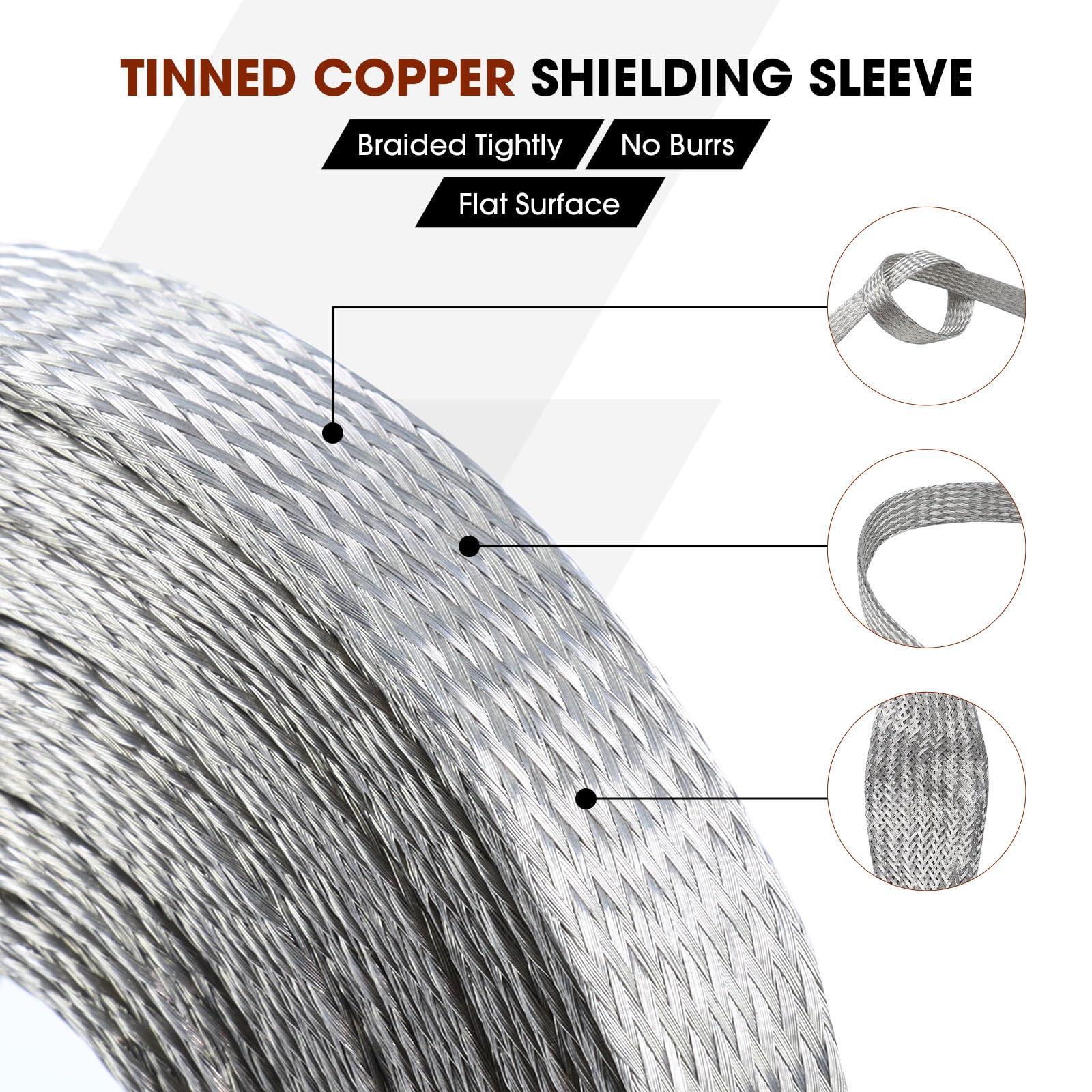 BuyUneed Tinned Copper Grounding Braid Straps Shielding Wire Sheathing Cable Sleeve Metal Flat Mesh Flexible Expandable (1/2 in Wide(0.32 in Dia)-15ft)