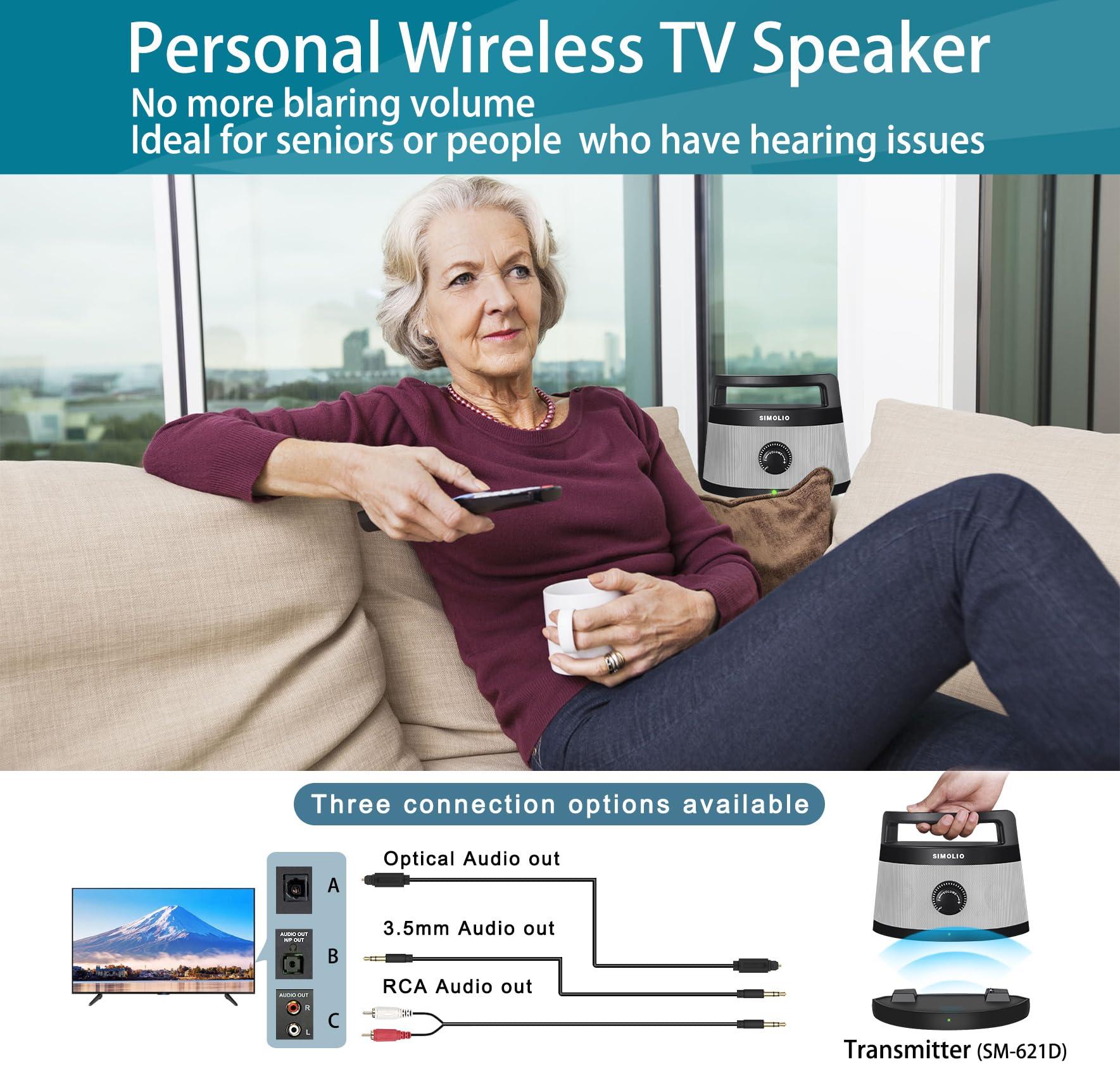 SIMOLIO SIMOLIO TV Speakers for Hard of Hearing, Portable, Assistive, Clarifying Dialog Wireless Speakers for TV for Seniors & the Elderly, Compatible with Optical / RCA / Headphone Ported TV, No Delay, 621D