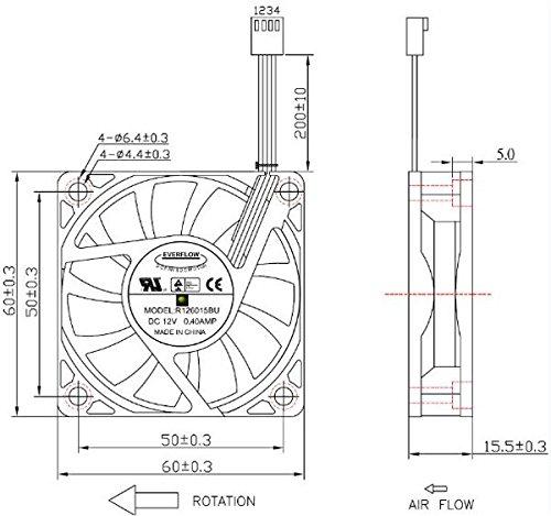 Everflow Everflow 60X60X15mm Dual Ball Bearing Ultra High Speed PWM Fan # R126015BU 12V 2000-6000 RPM 9.4-29.8 CFM 20-42 dB Everflow Computer Fan