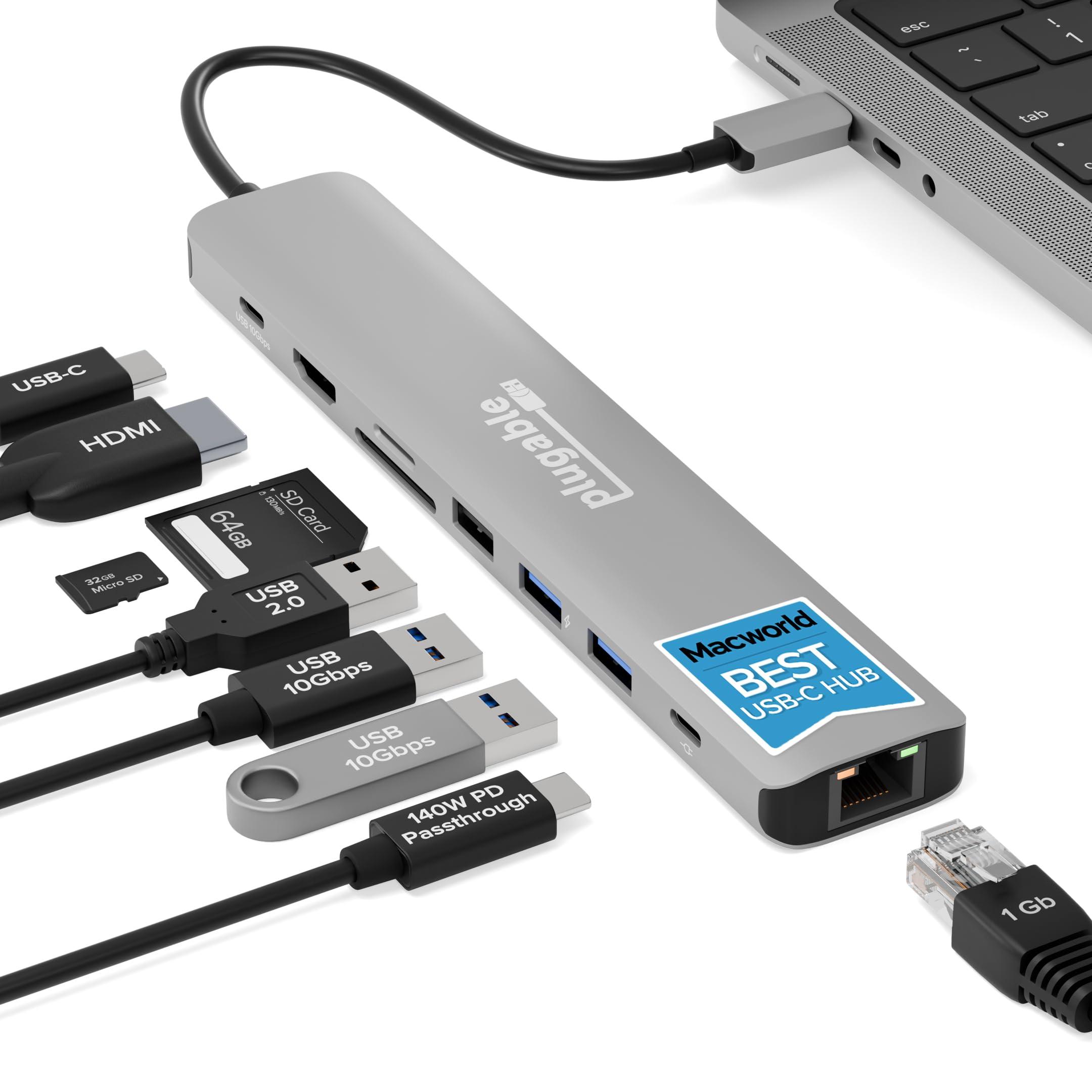 Plugable Plugable USB C Hub Multiport Adapter (9-in-1) 140W Power Delivery Charging, 4K 60Hz HDMI, 10Gbps USB-C and USB-A, Ethernet, SD | for USBC, USB4, Thunderbolt MacBook, Windows, Chromebook (USBC-9IN1E)