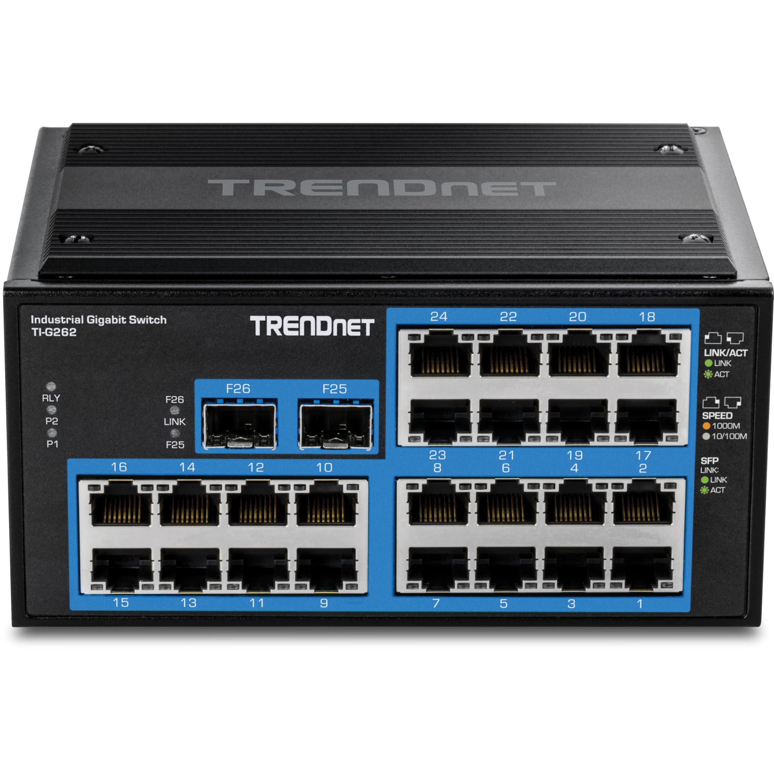 TRENDnet TRENDnet 26-Port Hardened Industrial Gigabit DIN-Rail Switch, TI-G262, 24 x Gigabit Ports, 2 x Gigabit SFP Ports, 52Gbps Switching Capacity, Lifetime Protection, Black