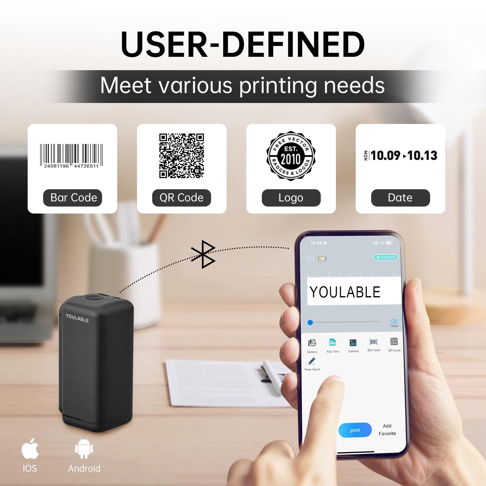 YOULABLE Mini Handheld Printer Code Printer Wirless Printer Compatible with Android and iOS for DIY Printing QR-Code Barcode Production Date Logo Batch Series Number with Quick-Drying Ink Cartridge (BLACK)