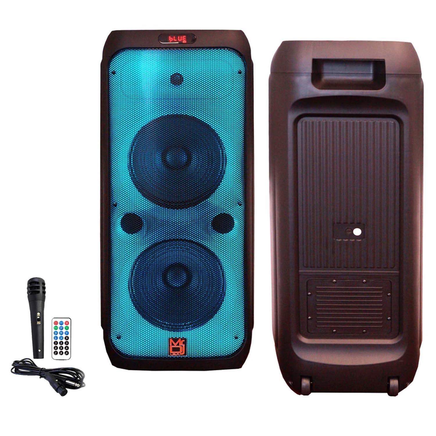 Mr. Dj MR DJ USA FLAME4200 10\" X 2 Rechargeable Portable Bluetooth Karaoke Speaker with Party Flame Lights Microphone TWS USB FM Radio + 7-LED Moving Head DJ Light