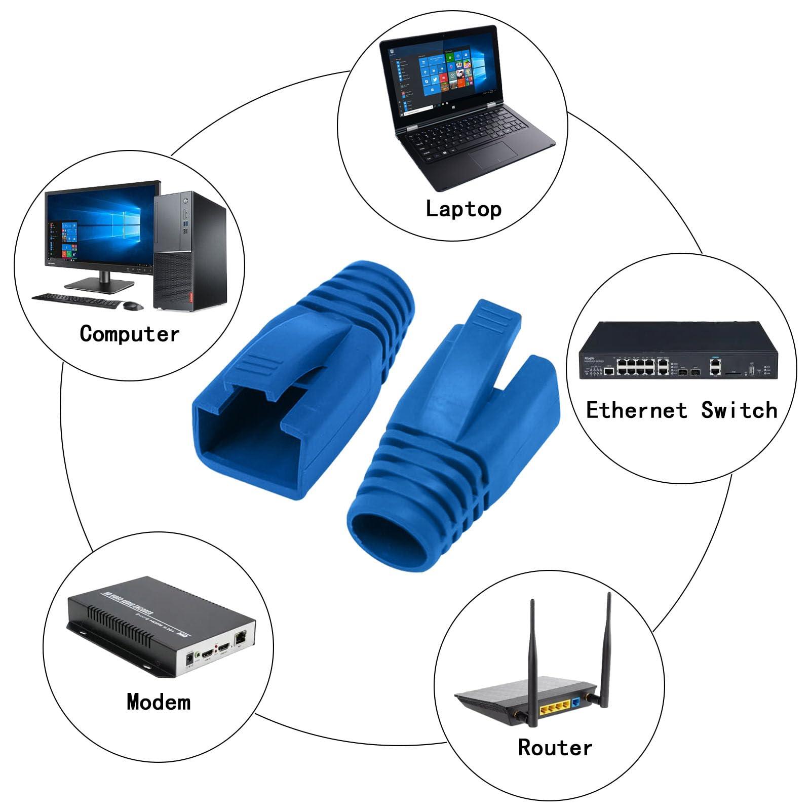 Lpdphanxfkx Lpdphanxfkx 100 Pcs Cat6A Cat7 Ethernet RJ45 Boots, RJ45 Plug Connector Cover, Cat6 Cat6A Cat7 Strain Relief Boot, RJ45 Ethernet Cable Strain Relief Boots (Blue)