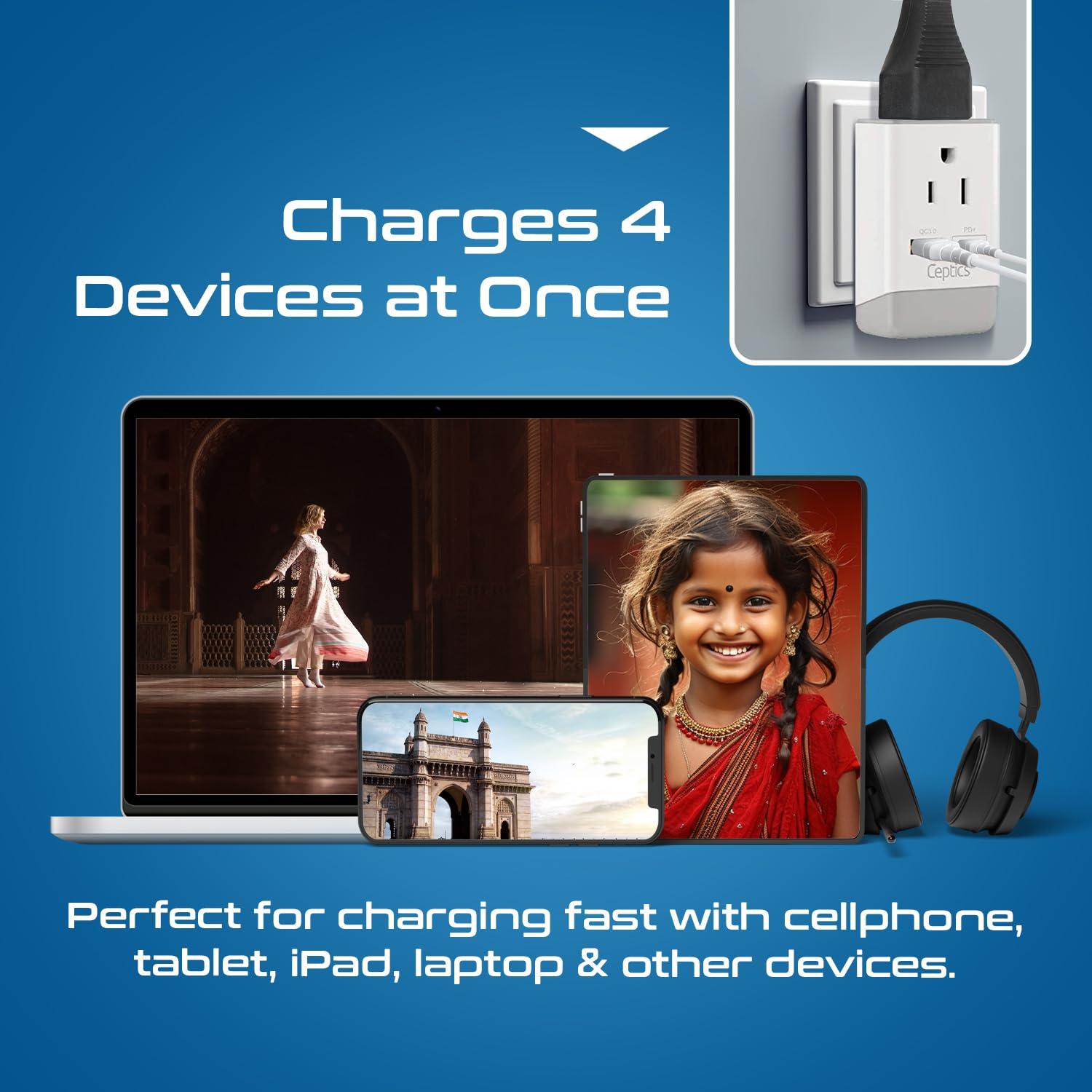 Ceptics Ceptics US to India Plug Adapter, Type D Plug Adapter QC 3.0 & PD, Safe Dual USB & USB-C 18W, India Plug Adapter Fast Charging - Powerful 2 USA Sockets - Use in Pakistan Nepal Sri Lanka - AP-10