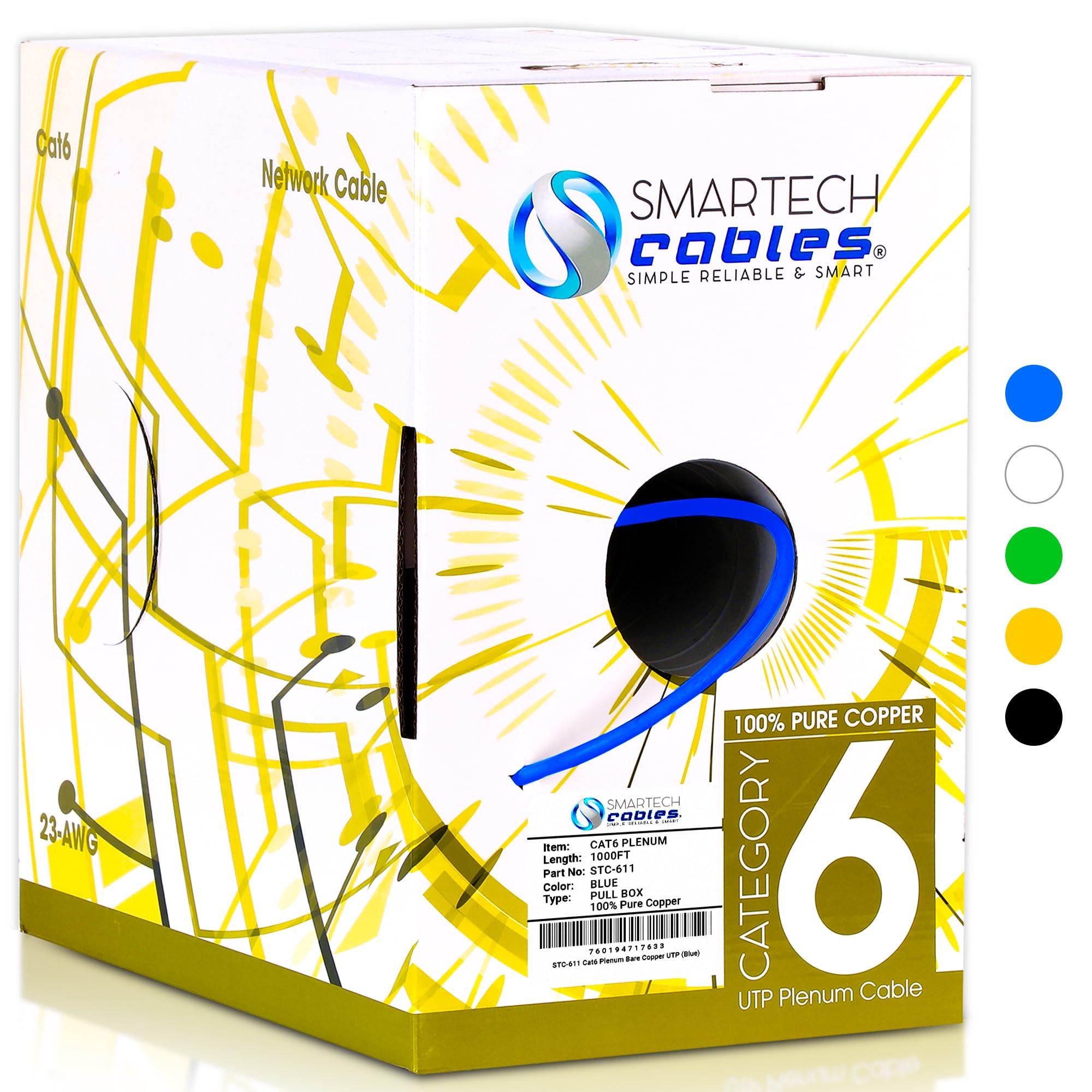 Smartech Cables CAT6 Plenum (CMP) 1000ft Bulk Ethernet Cable | Certified 100% Pure Solid Bare Copper | 550MHz, 23AWG, UTP | High Bandwidth & Stable Performance