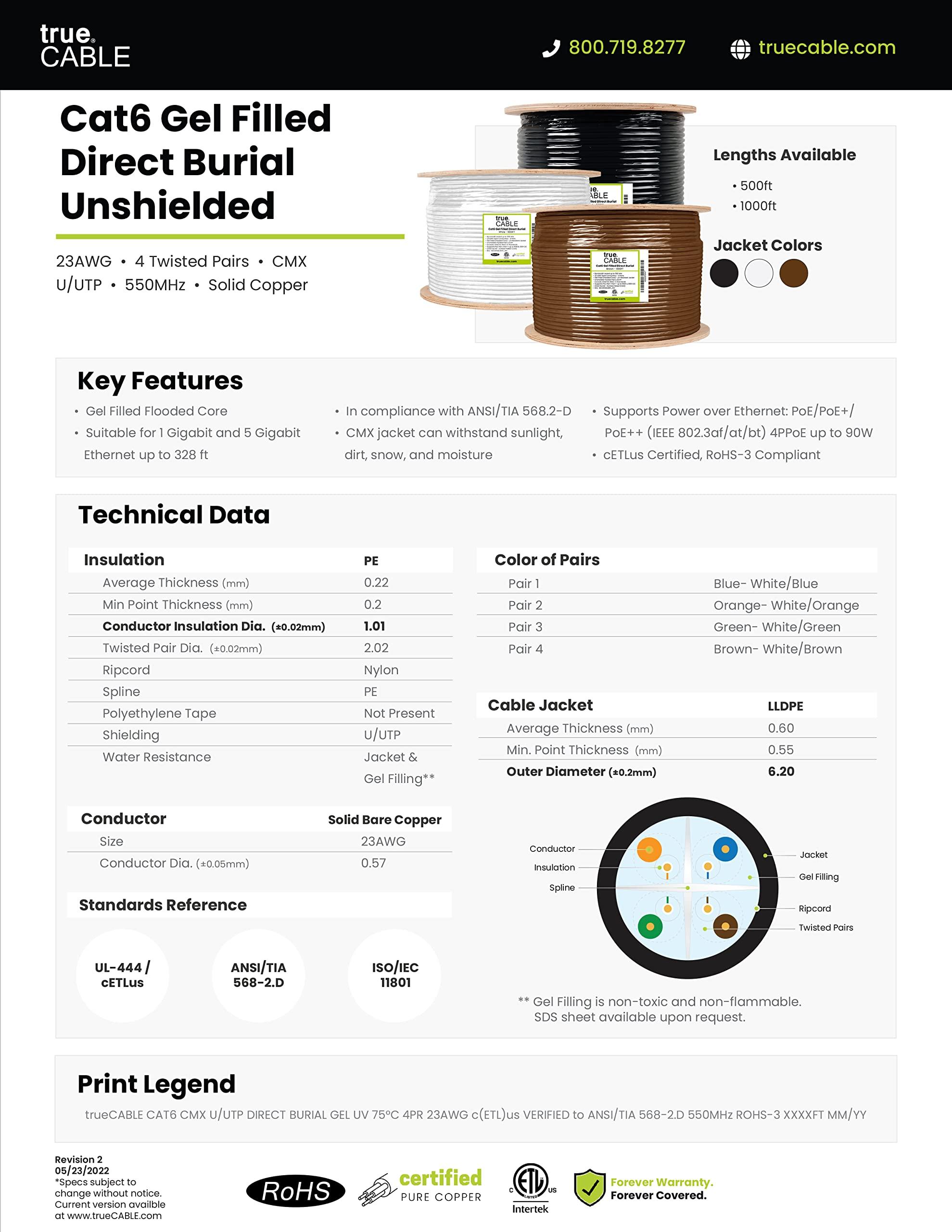 TRUE CABLE trueCABLE Cat6 Direct Burial, Gel Filled, 500ft, Brown, Waterproof, CMX, 23AWG Solid Bare Copper, 550MHz, PoE++ (4PPoE), ETL Listed, Unshielded UTP, Bulk Ethernet Cable