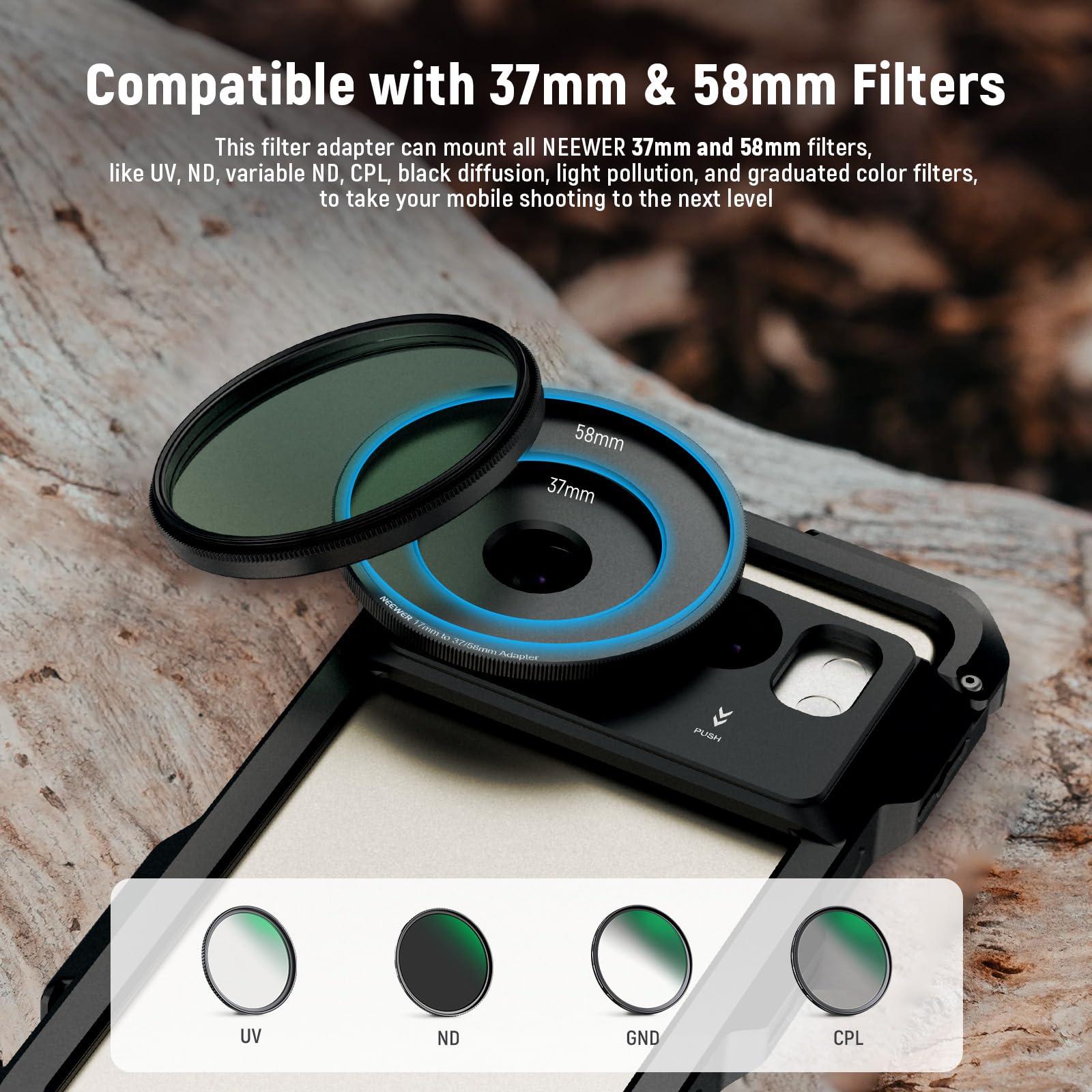 NEEWER NEEWER 17mm to 37mm & 58mm Lens Filter Adapter Ring, Compatible with Beastgrip 37mm Lenses 58mm Filters Phone Cage Rig Stabilizer for iPhone 16 15 Pro Max S24 Ultra Video Recording, PA062