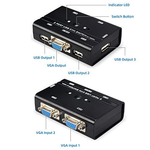 TCRAYCH VGA USB KVM Switch, 2 Port VGA KVM Switcher Selector with Cables for 2PC Sharing 1 Video Monitor and 3 USB Devices Keyboard Mouse Printer Scanner