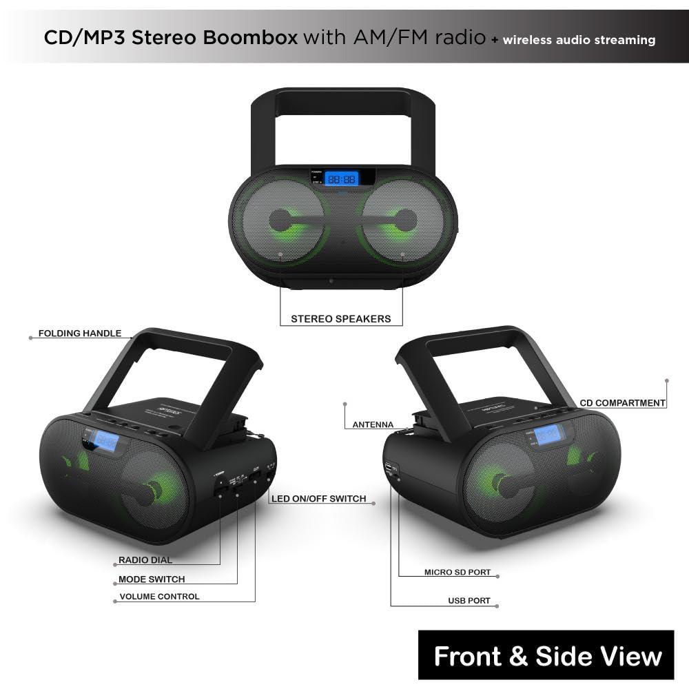 Riptunes Riptunes Portable CD Player Boombox AM FM Radio, Bluetooth, USB, Aux-Input, MP3 CD Stereo Sound with Bass Boost, Party Lights, Headphone Jack, Backlit LCD Display, with Remote, Black