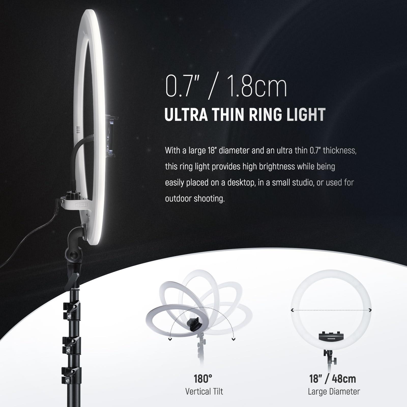 Neewer NEEWER Professional Ring Light with Stand and Phone Holder, Diffuser Included, 18 inch Ultra Thin, 45W 2900K-7000K TLCI98, App Control, Softer Lighting for Makeup Live Stream TikTok, RP18B Pro White