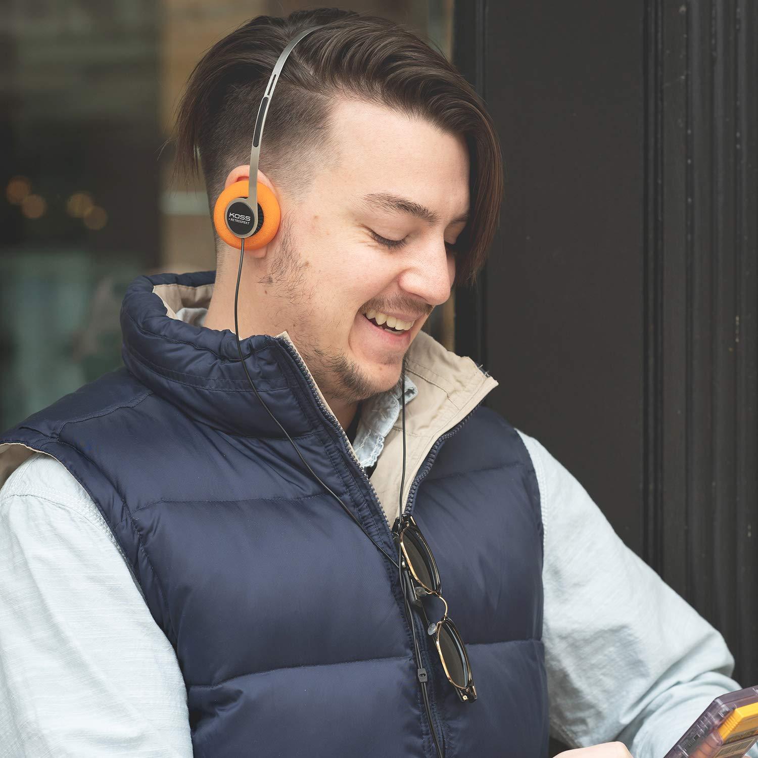 Koss Koss x Retrospekt P/21 Retro On-Ear Headphones, Retro Orange Foam, Adjustable Headband, Wired 3.5mm Plug, Orange Black and Silver