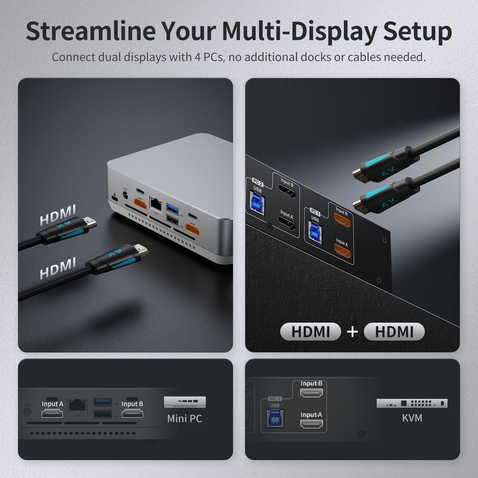 TESmart TESmart USB 3.0 HDMI KVM Switch 2 Monitors 4 Computers 4K@60Hz, Dual Monitor KVM Switch HDMI 4 Port Extended Display, Audio&Microphone, EDID emulators, Hotkey Switch, Button Switch with Input Cables