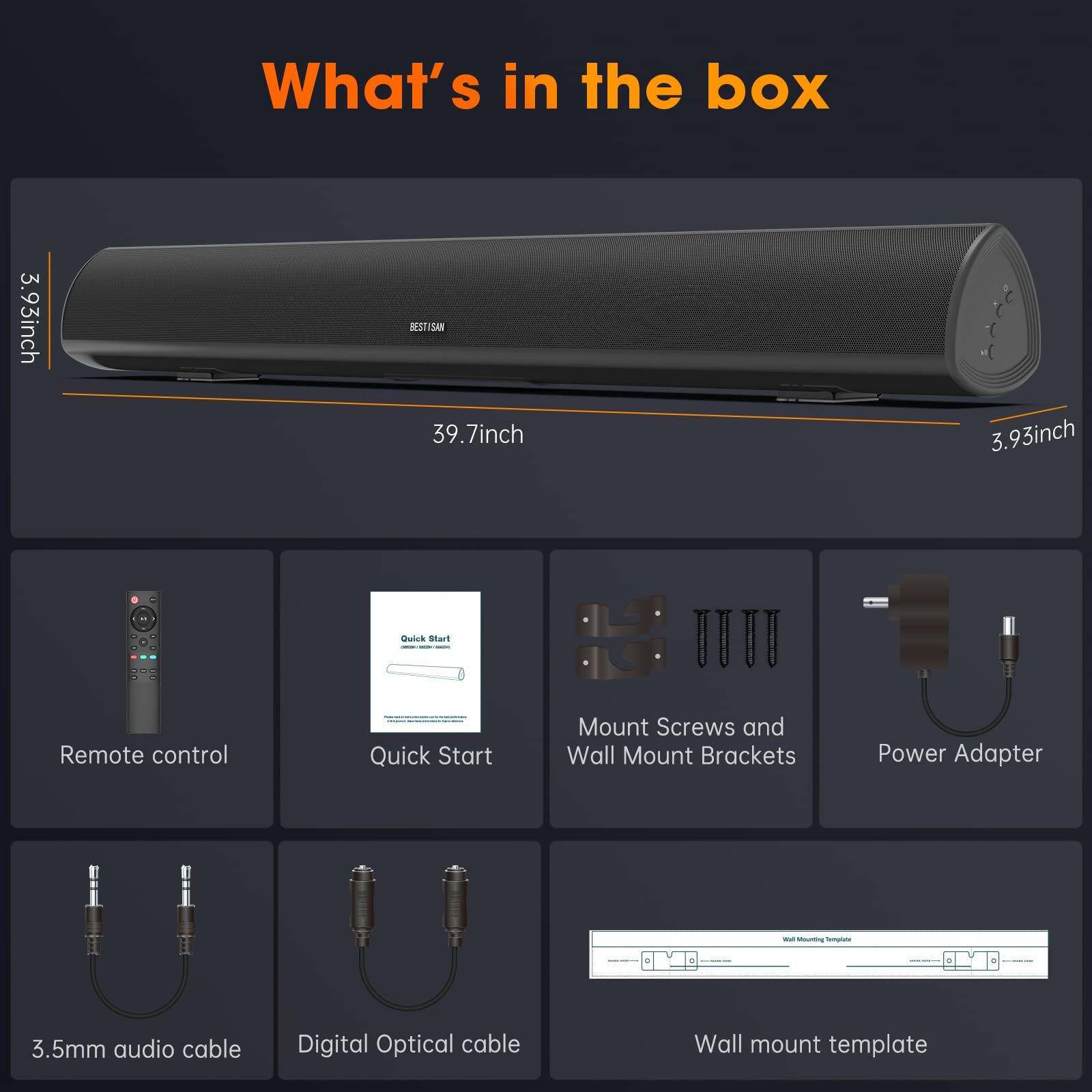 BYL 100Watt 40 Inch Soundbar, BESTISAN Sound Bar Wireless and Wired Audio Bluetooth 5.0 TV Speakers with HDMI-ARC Function (2023 Beef UP Version, DSP Audio, Bass Adjustable, Wall Mountable)