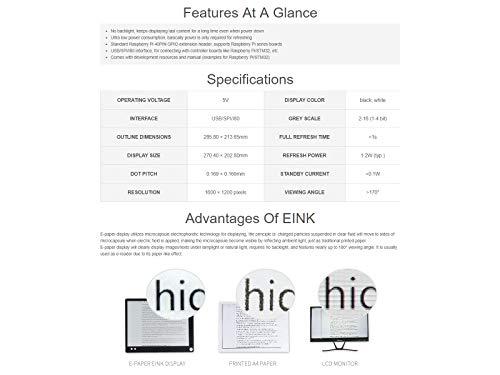waveshare waveshare 13.3inch E-Paper E-Ink Display HAT Compatible with Raspberry Pi4B/3B+/3B/2B/B+/A+/Zero/Zero W/WH/Zero 2W 1600×1200 Pixels Black/White 2-16 Grey Scales USB/SPI/I80 Supports Partial Refresh