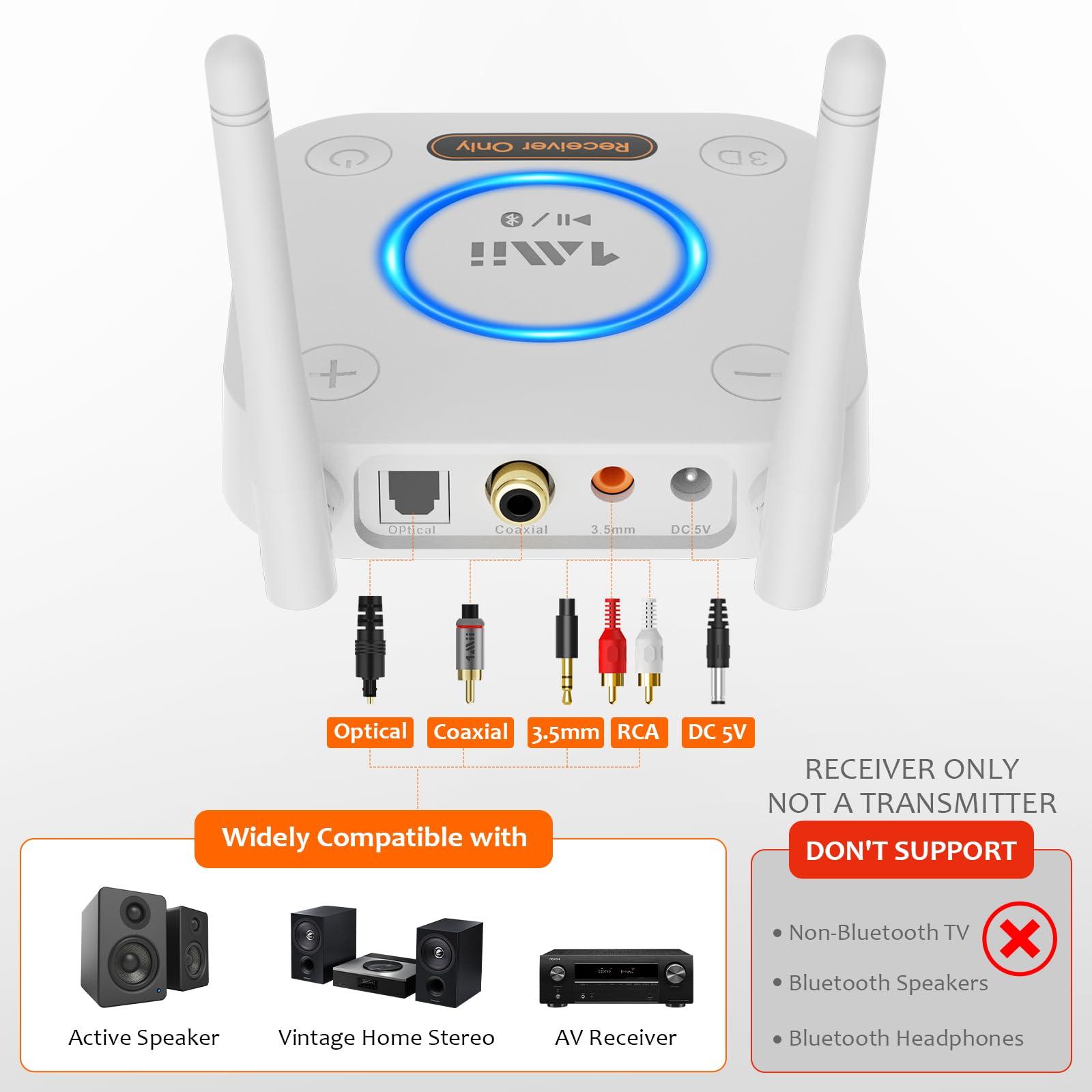 1Mii [Upgraded] 1Mii Bluetooth 5.1 Receiver, Long Range HiFi Bluetooth Audio Adapter w/ 3D Surround aptX HD Low Latency, Optical RCA AUX 3.5mm Coaxial for Home Stereo System - B06Pro Grey