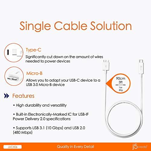 j5create j5create USB Type-C 3.1 to USB 3.0 Micro-B Cable- USB Type-C Male to USB 3.0 Micro-B Male Connector | USB 3.1 (10 Gbps) and USB 2.0 (480 Mbps) | 3 FT (90 CM) | Compatible with USB Type-C Devices