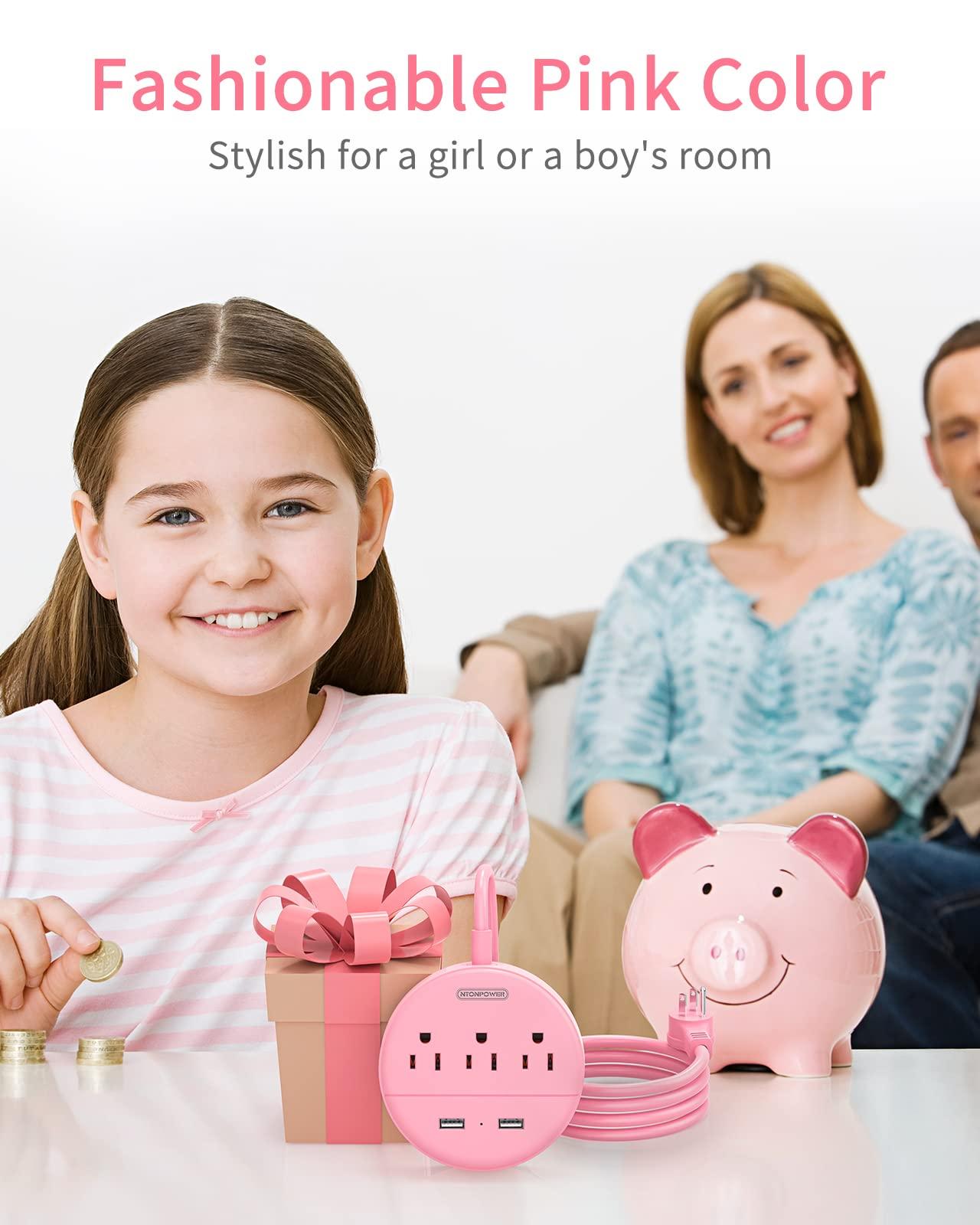 NTONPOWER Pink Extension Cord 15ft, NTONPOWER Flat Plug Power Strip with Long Extension Cord, 3 Outlet 2 USB Desktop Charging Station Wall Mount for Home, Dorm Room, Office and Nightstand, ETL Listed